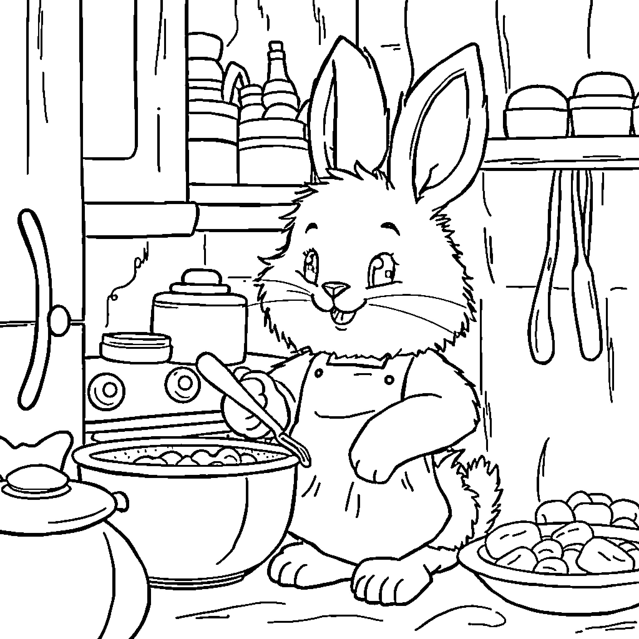 Bunny Baking Treats in the Kitchen Coloring Page (free black-and-white line drawing printable PDF for all, from beginners to advanced learners, including children, teens, adults, and seniors)