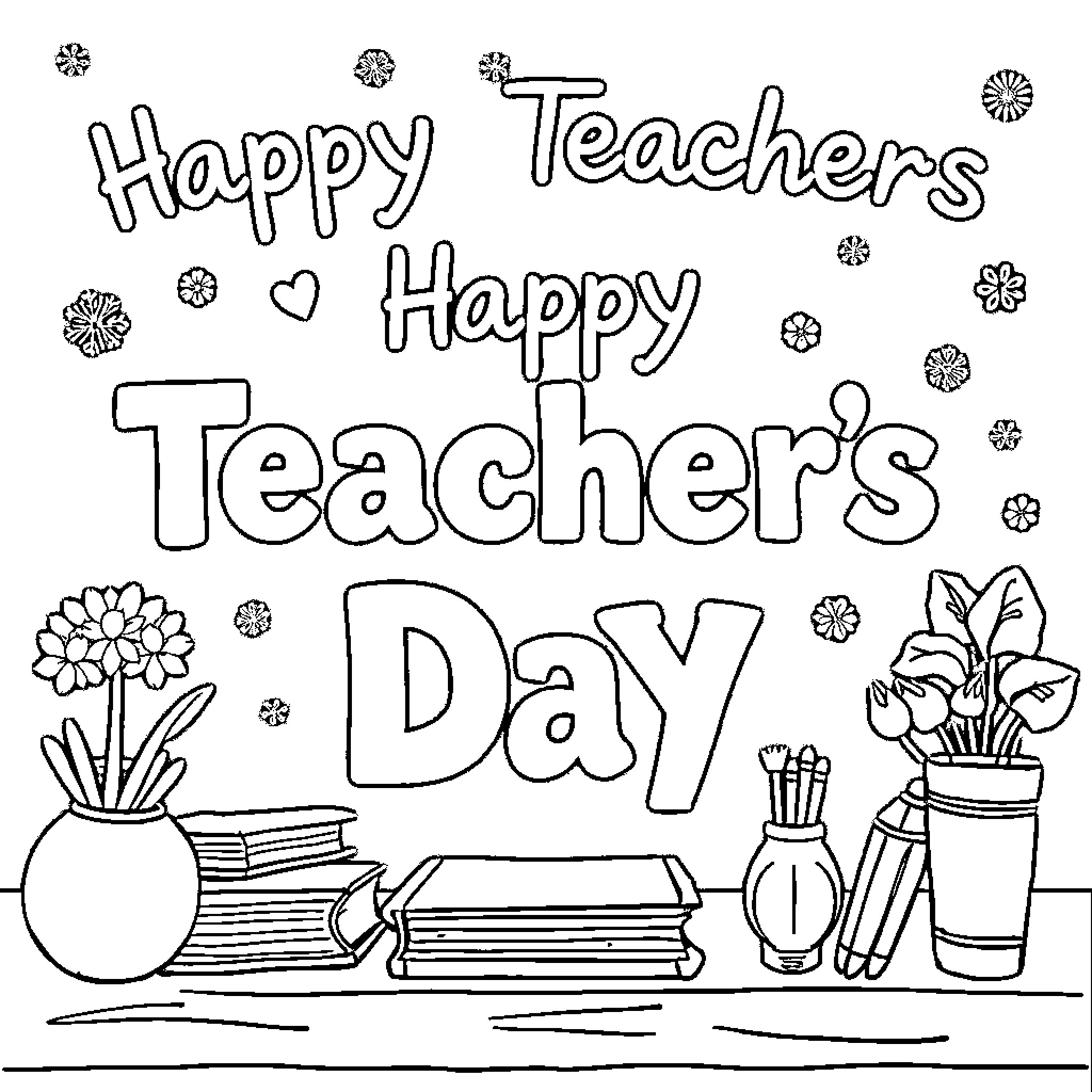 Teacher Celebrating Happy Teachers Day with Classroom Supplies Coloring Page (free black-and-white line drawing printable PDF for all, from beginners to advanced learners, including children, teens, adults, and seniors)