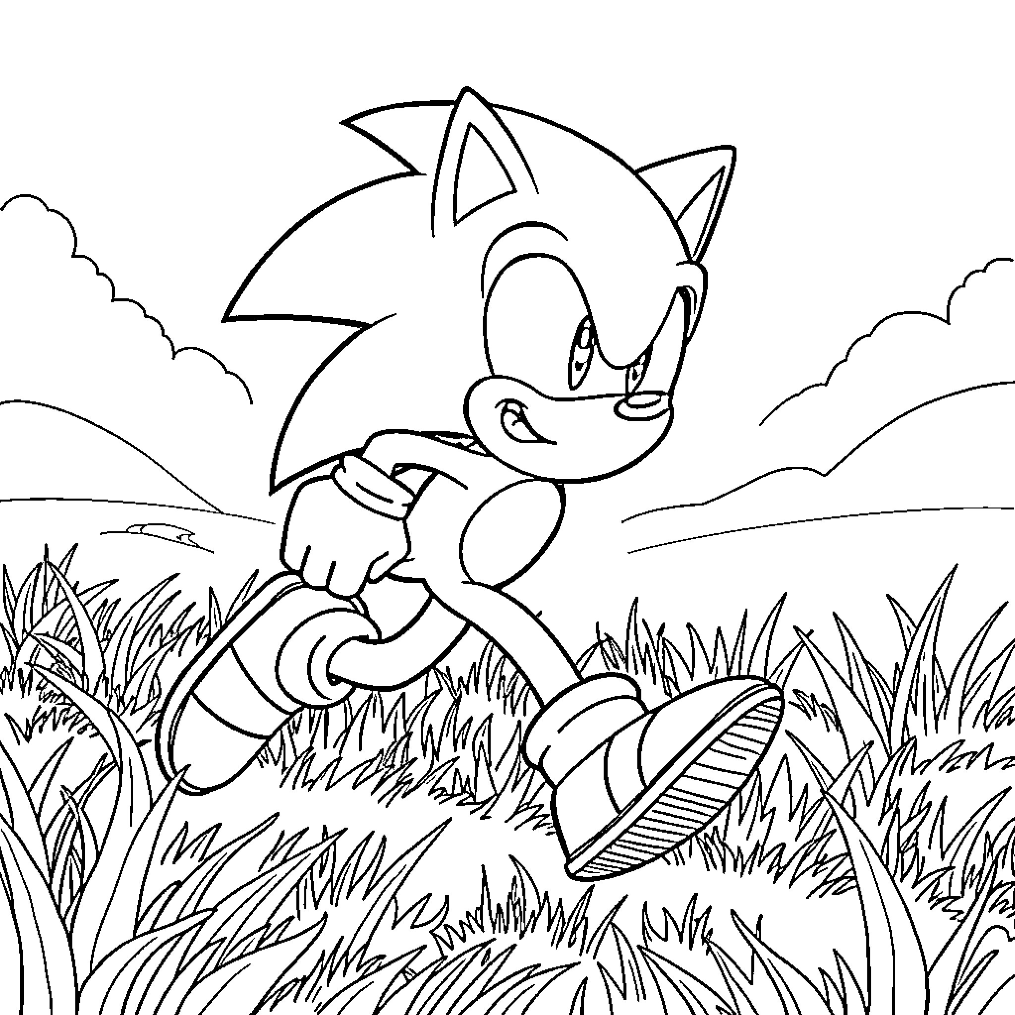 Sonic running determinedly through a grassy field Coloring Page (free black-and-white line drawing printable PDF for all, from beginners to advanced learners, including children, teens, adults, and seniors)