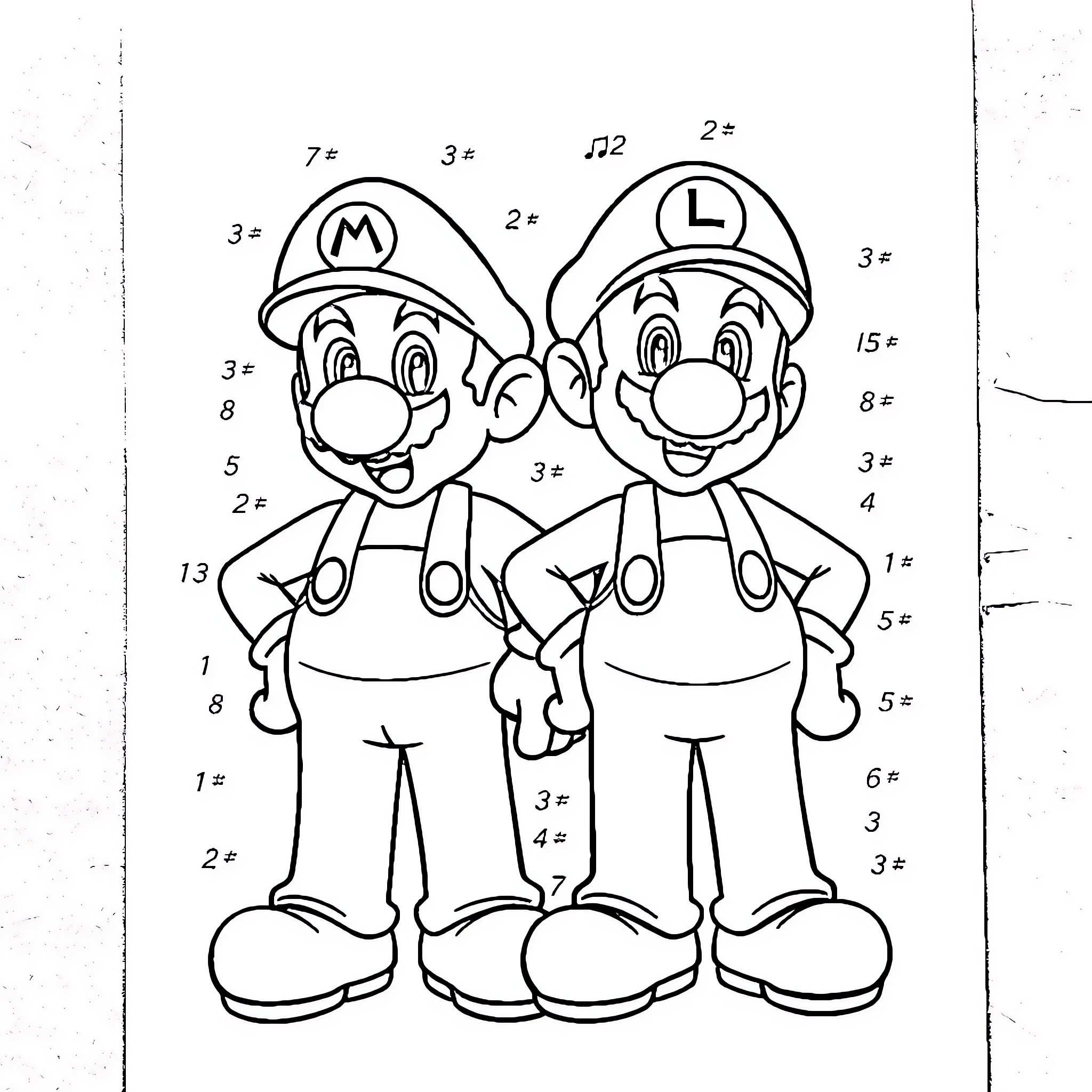 Super Mario Brothers in Iconic Poses Coloring Page (free black-and-white line drawing printable PDF for all, from beginners to advanced learners, including children, teens, adults, and seniors)