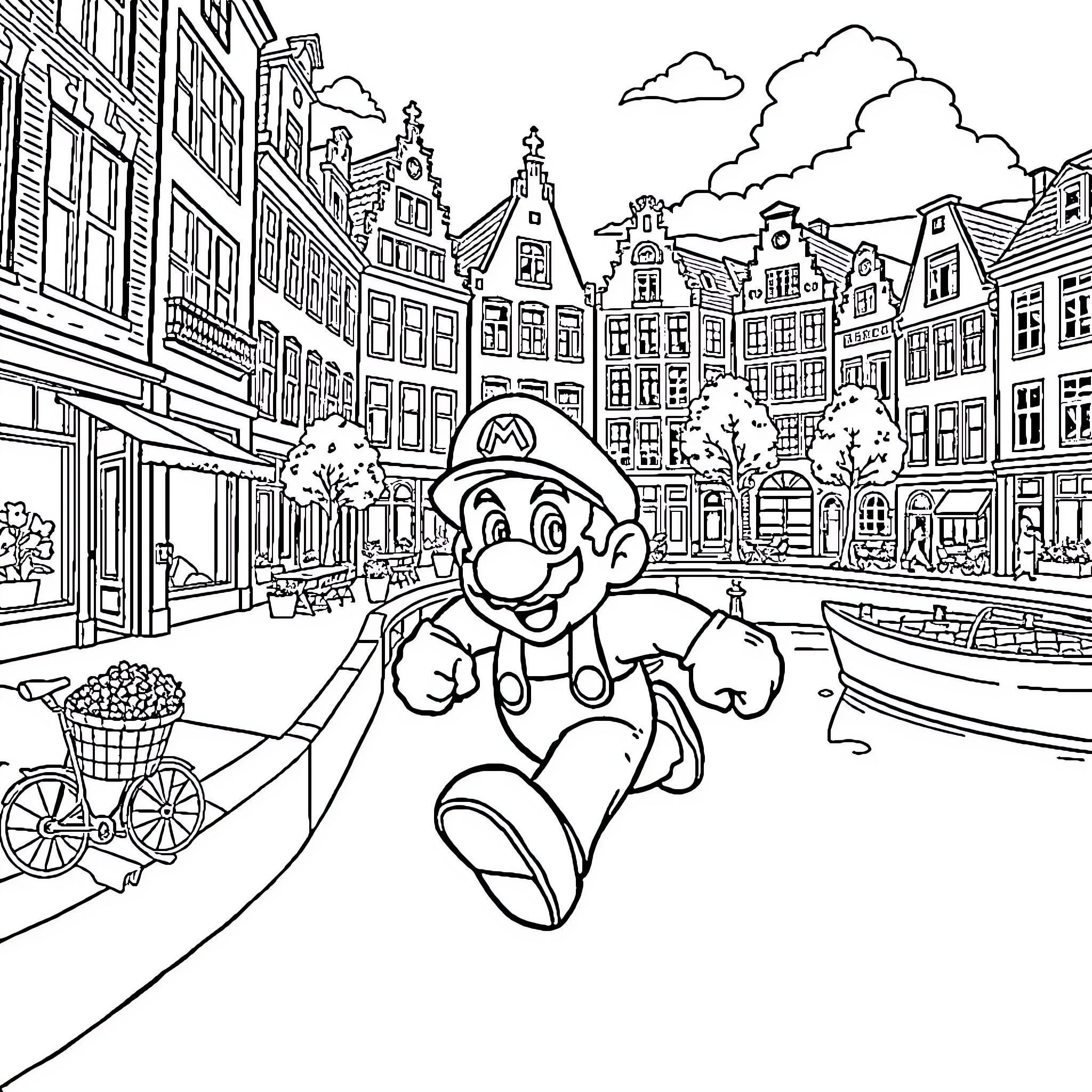 Super Mario Explores Charming European Town Coloring Page (free black-and-white line drawing printable PDF for all, from beginners to advanced learners, including children, teens, adults, and seniors)