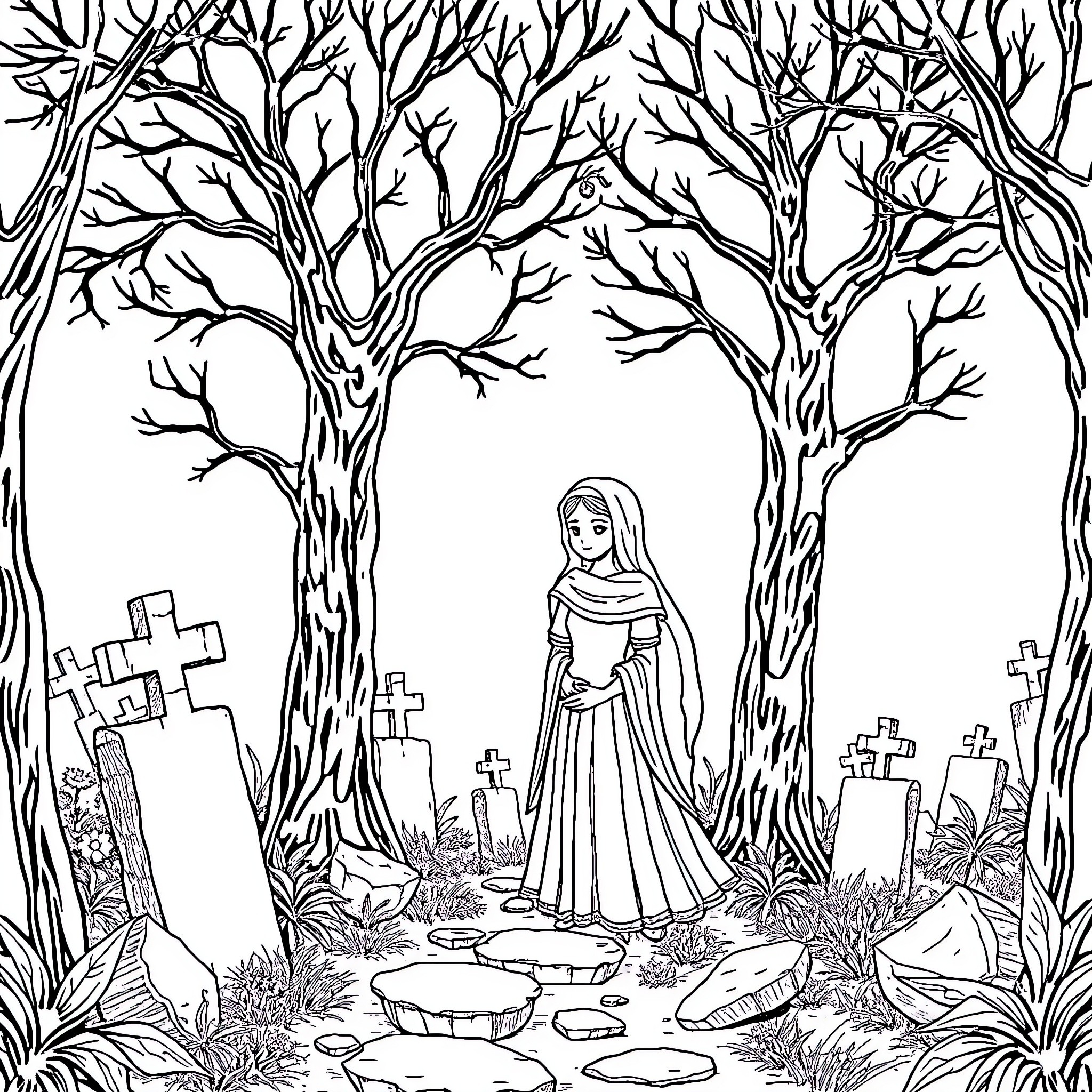 Miércoles in the Ghostly Graveyard Coloring Page (free black-and-white line drawing printable PDF for all, from beginners to advanced learners, including children, teens, adults, and seniors)