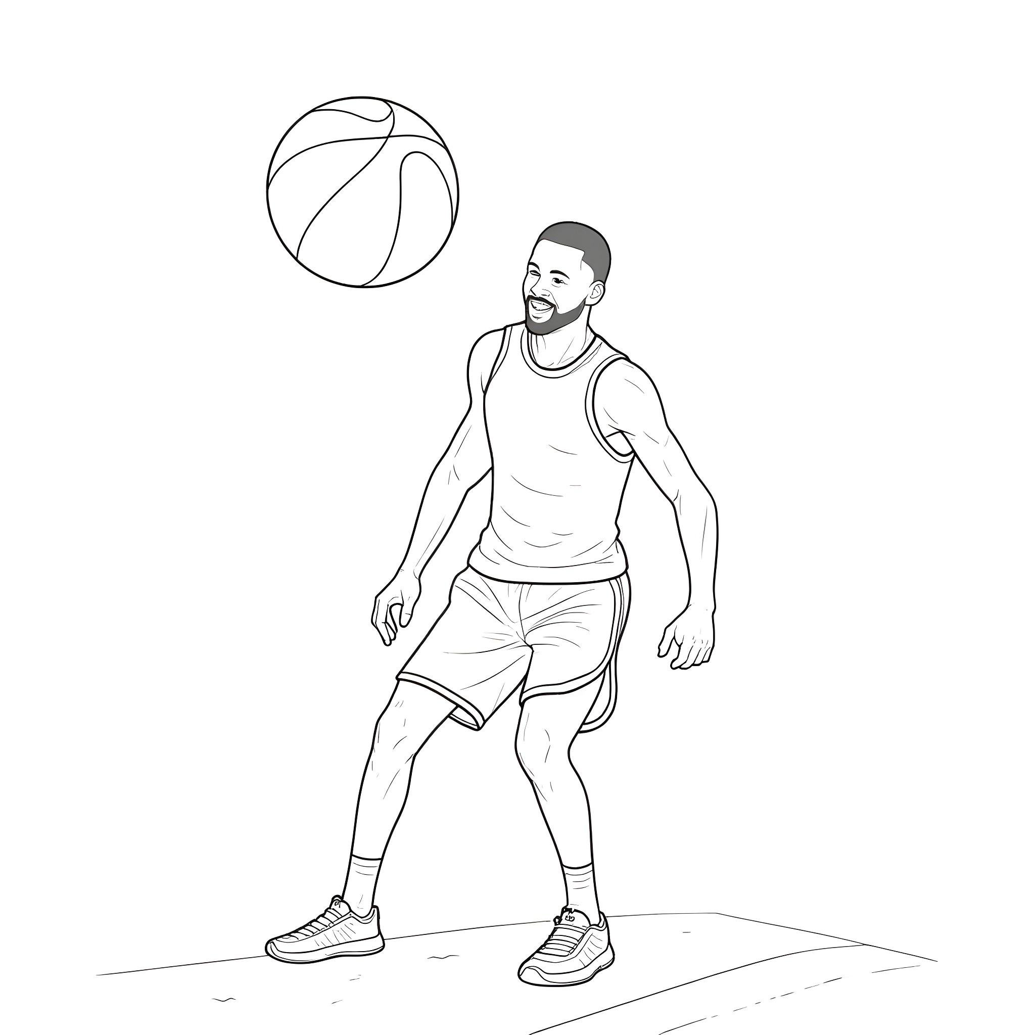Stephen Curry playing basketball Coloring Page (free black-and-white line drawing printable PDF for all, from beginners to advanced learners, including children, teens, adults, and seniors)
