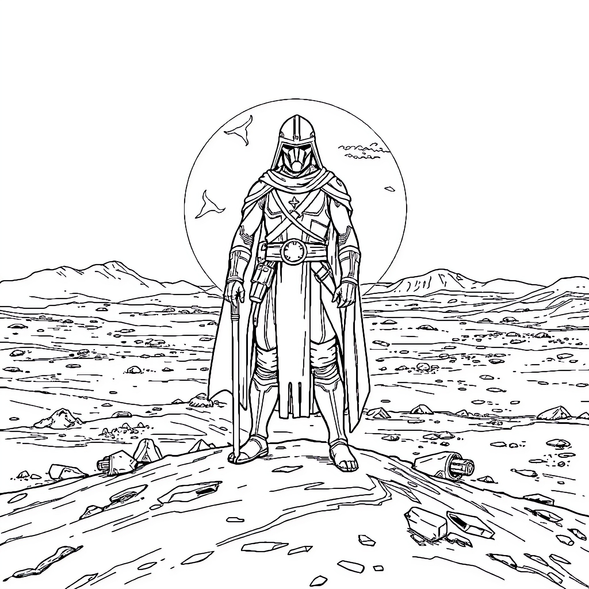 Darrow's Solitary Vigilance in the Desolate Wasteland Coloring Page (free black-and-white line drawing printable PDF for all, from beginners to advanced learners, including children, teens, adults, and seniors)