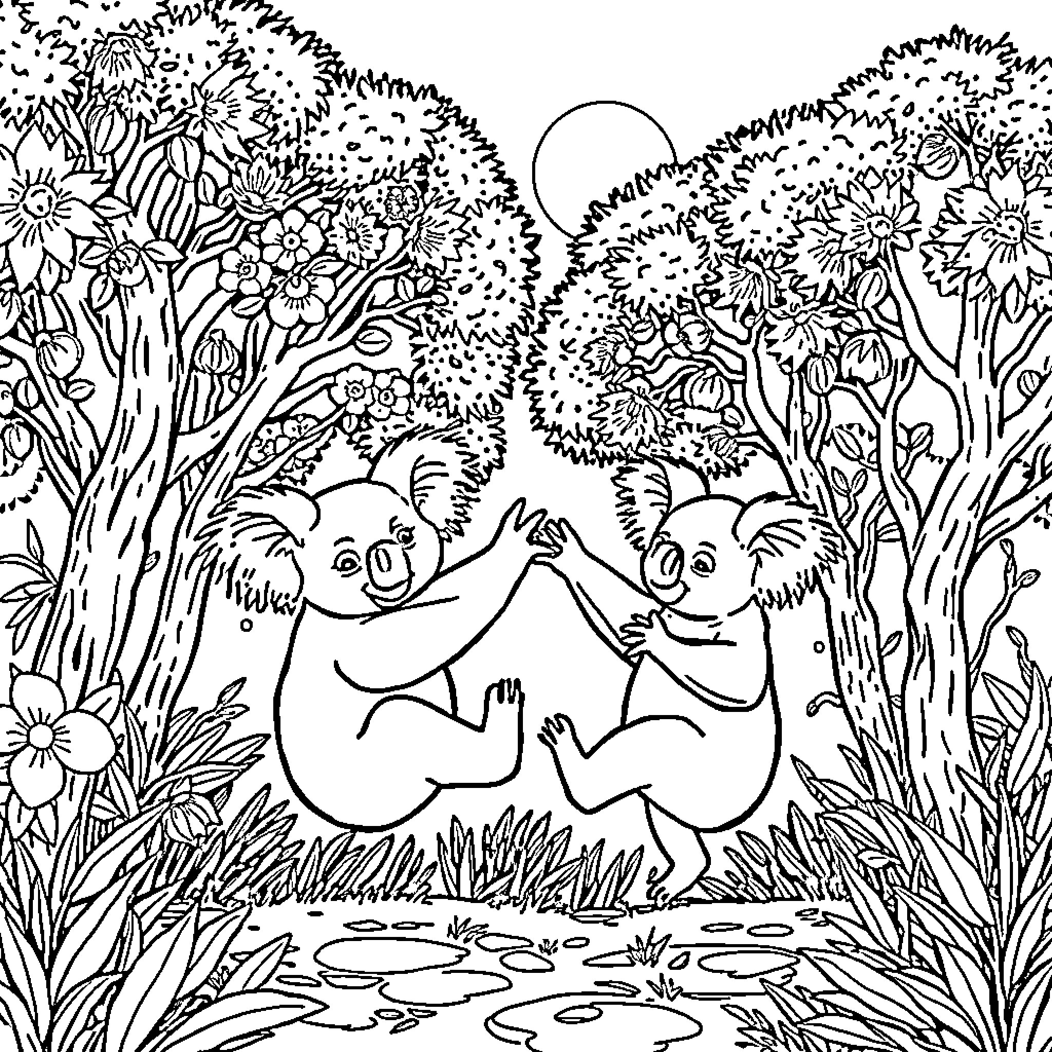 Koala friends embracing in a lush floral landscape Coloring Page (free black-and-white line drawing printable PDF for all, from beginners to advanced learners, including children, teens, adults, and seniors)