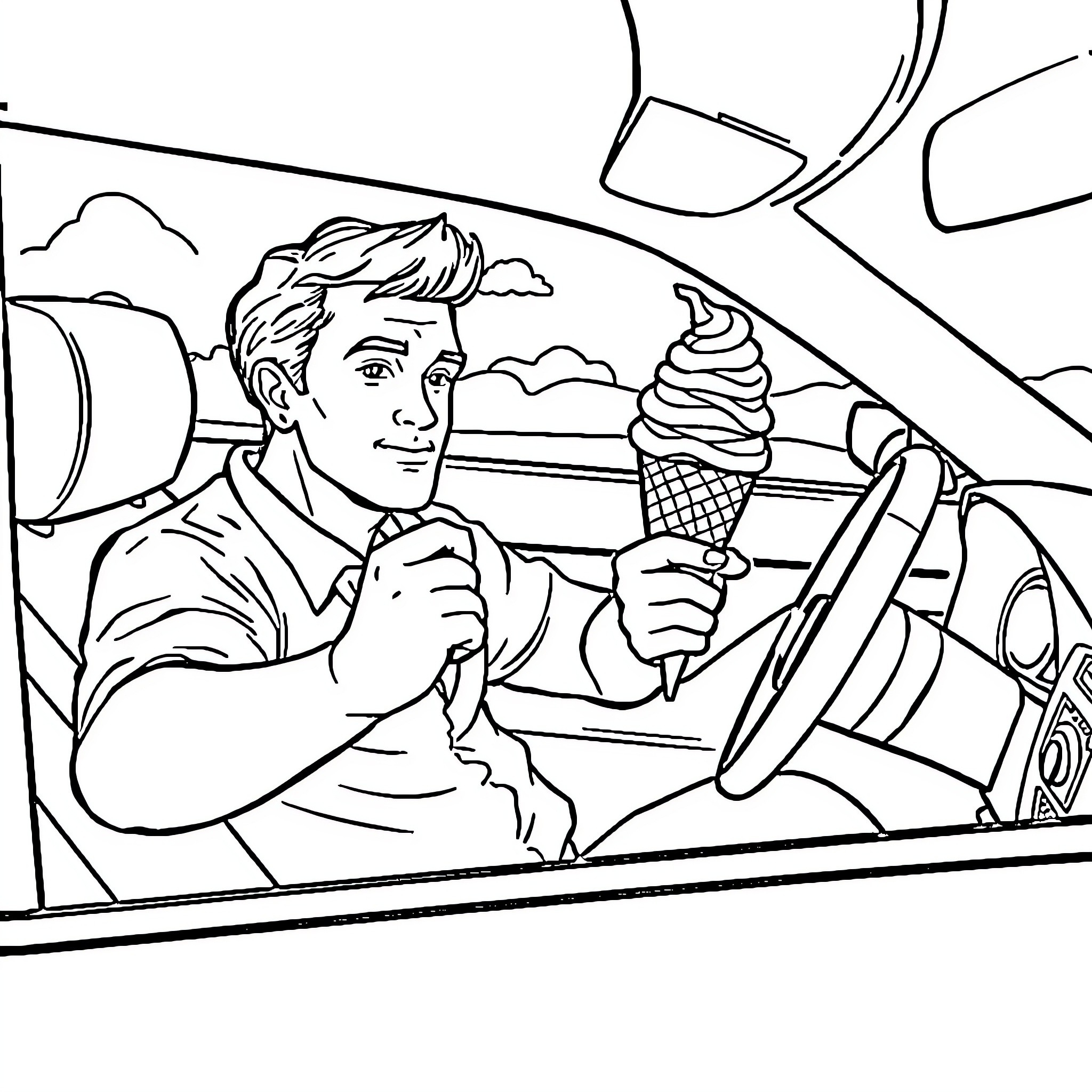 Man enjoying ice cream while driving his car Coloring Page (free black-and-white line drawing printable PDF for all, from beginners to advanced learners, including children, teens, adults, and seniors)