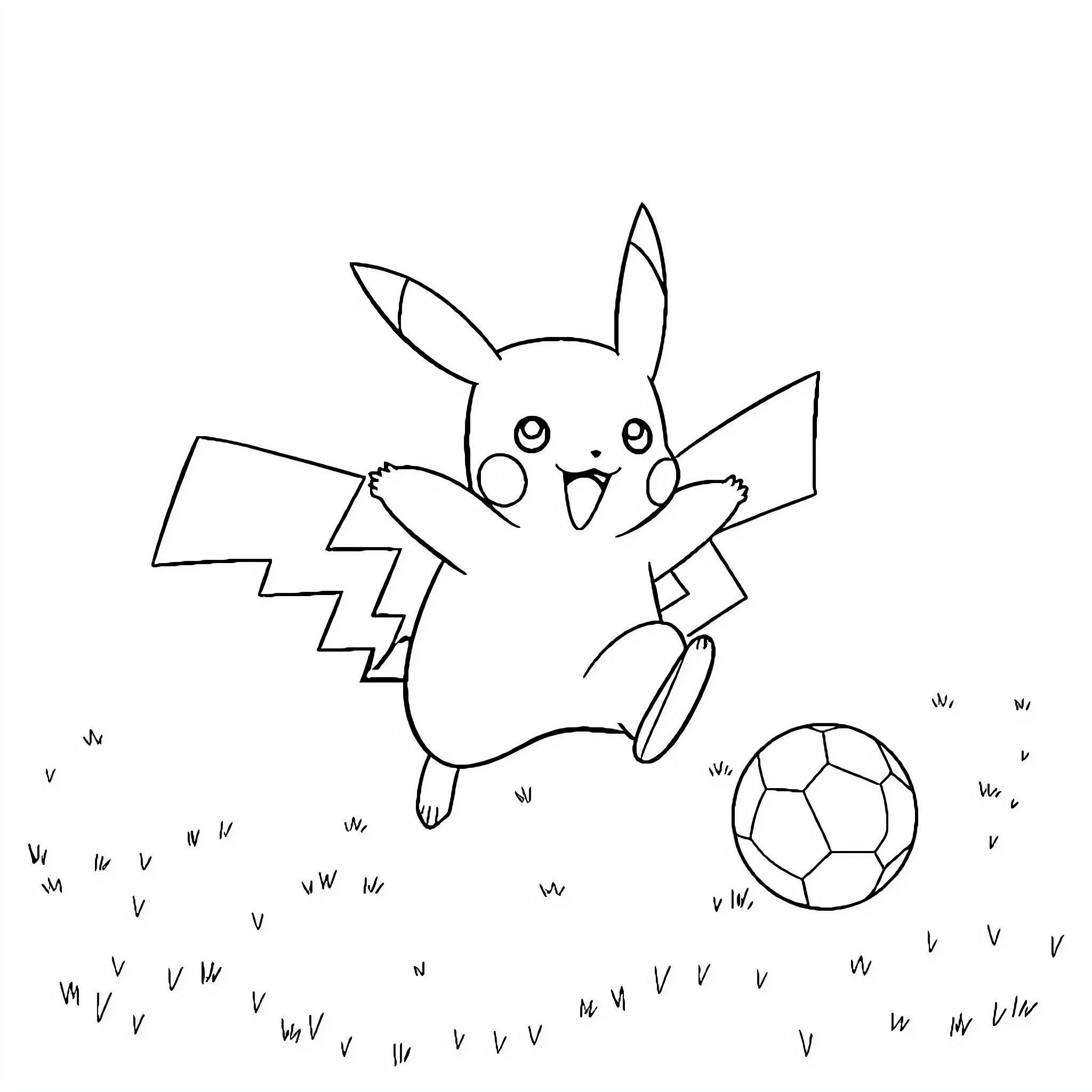 Pikachu playing with a soccer ball Coloring Page (free black-and-white line drawing printable PDF for all, from beginners to advanced learners, including children, teens, adults, and seniors)