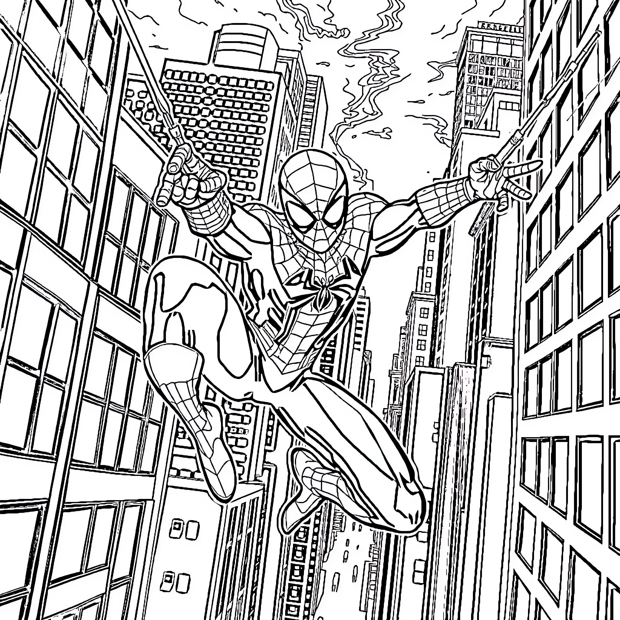 Spiderman swinging through the city skyline Coloring Page (free black-and-white line drawing printable PDF for all, from beginners to advanced learners, including children, teens, adults, and seniors)