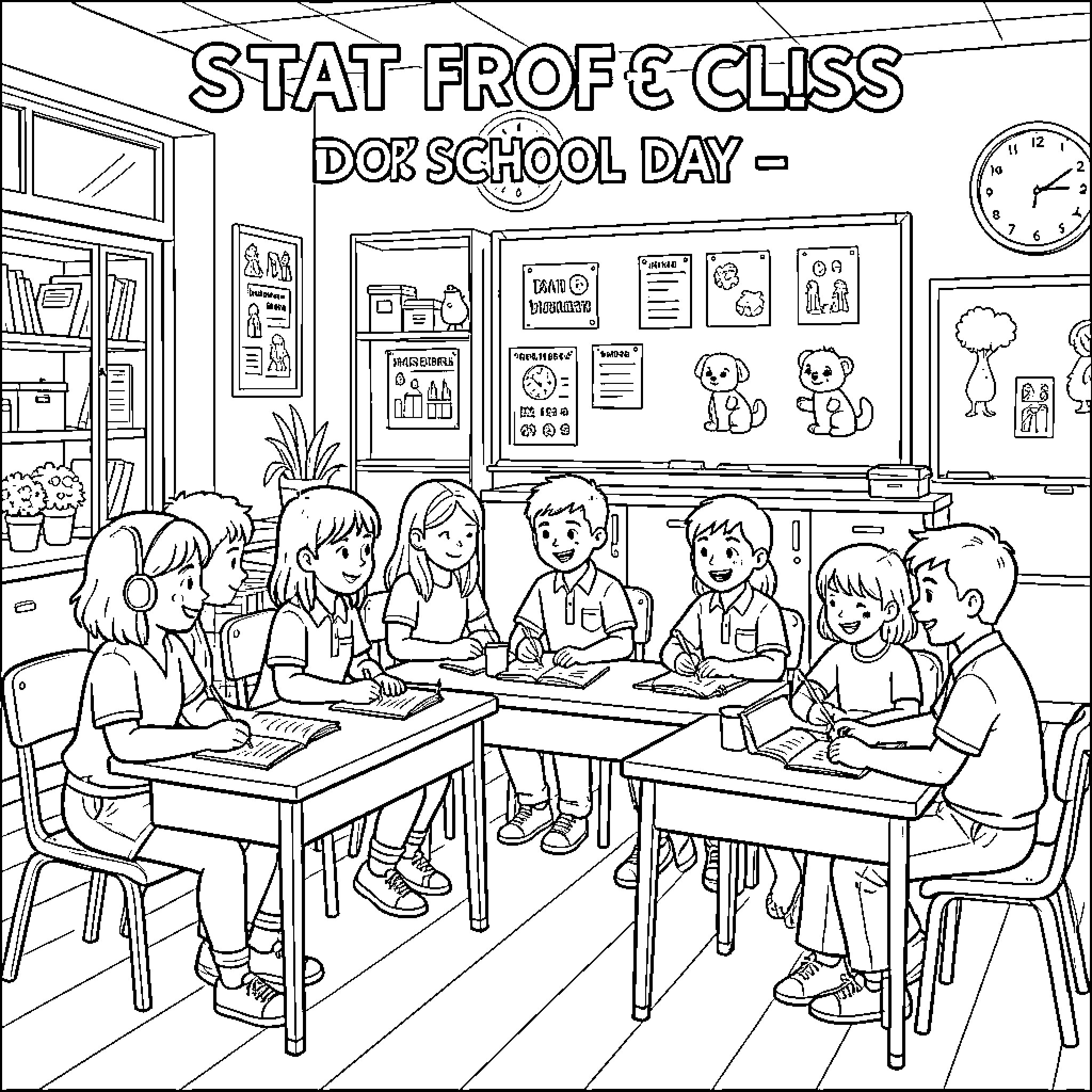 Period of students studying together in a classroom Coloring Page (free black-and-white line drawing printable PDF for all, from beginners to advanced learners, including children, teens, adults, and seniors)