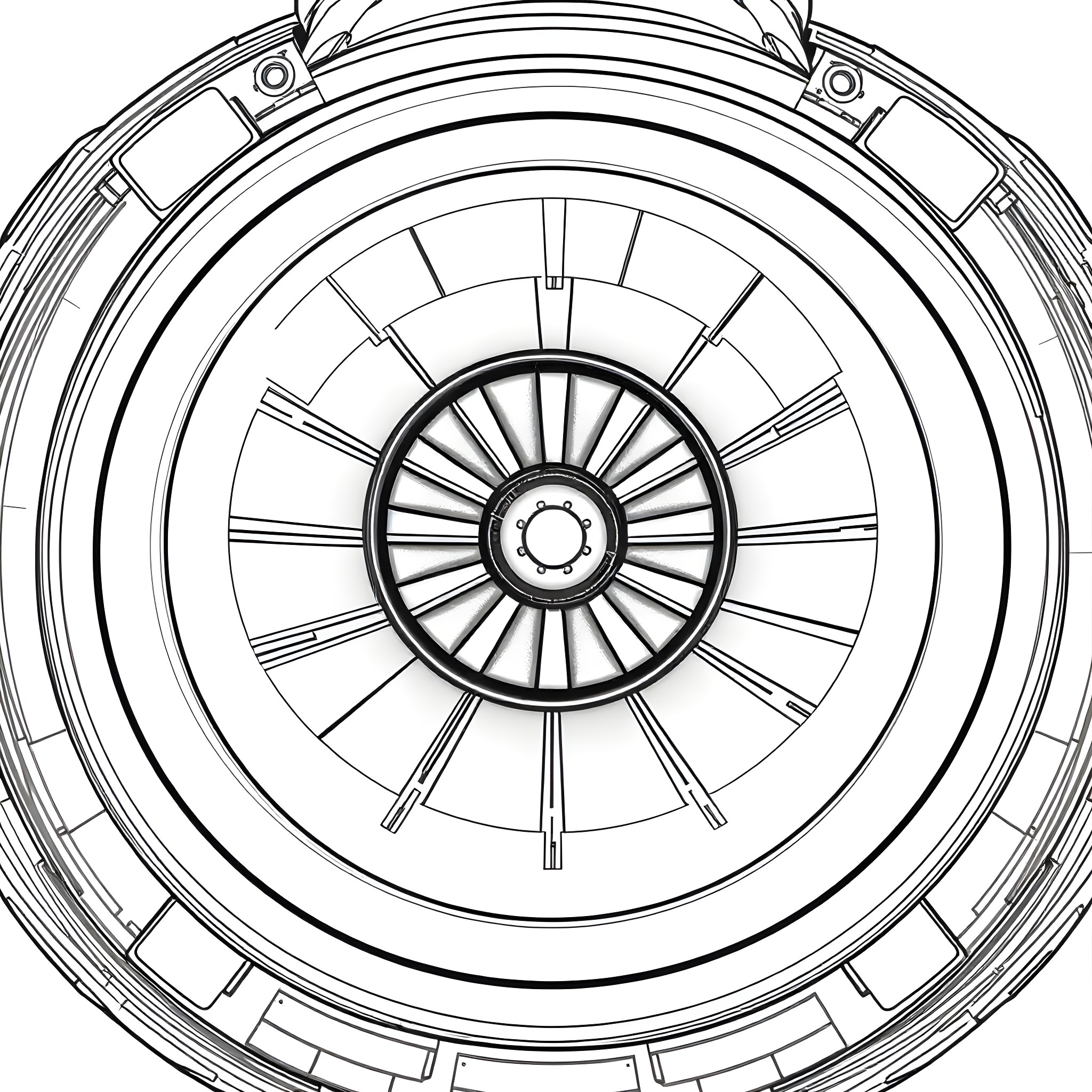 Rocket Engine Design Schematic Coloring Page (free black-and-white line drawing printable PDF for all, from beginners to advanced learners, including children, teens, adults, and seniors)