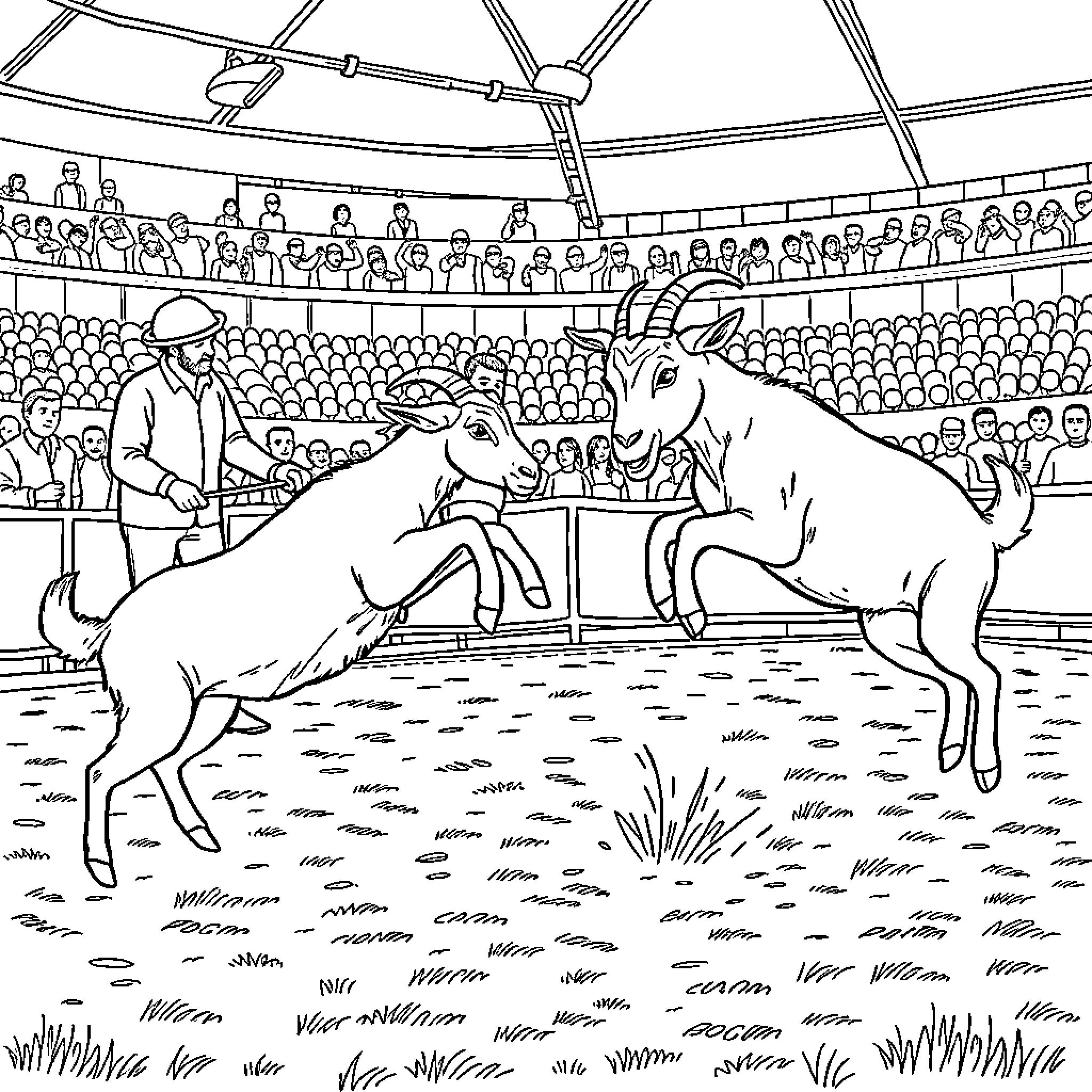 Pygmy Goats Performing in Circus Arena Coloring Page (free black-and-white line drawing printable PDF for all, from beginners to advanced learners, including children, teens, adults, and seniors)