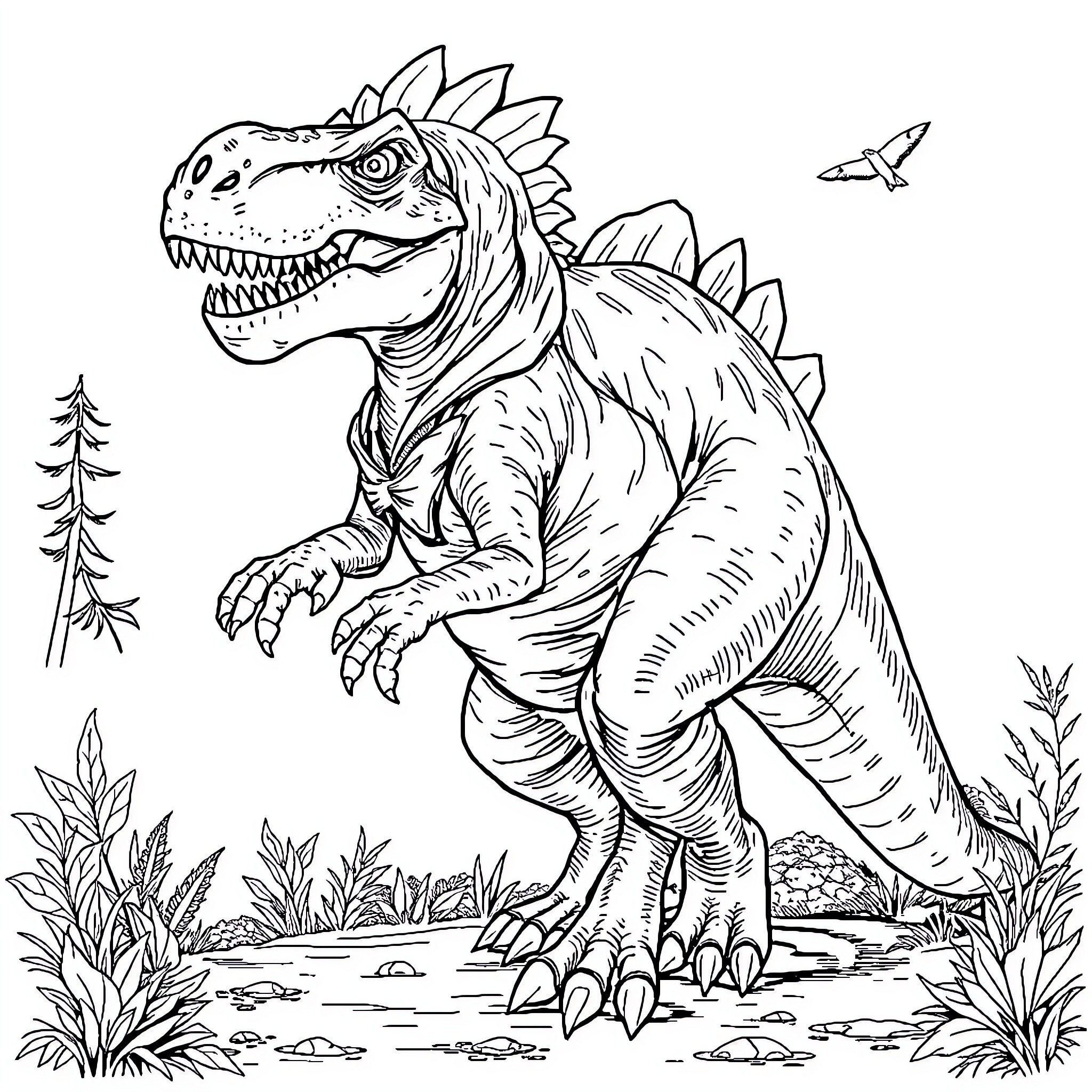 Dinosaur roaming through the wilderness Coloring Page (free black-and-white line drawing printable PDF for all, from beginners to advanced learners, including children, teens, adults, and seniors)