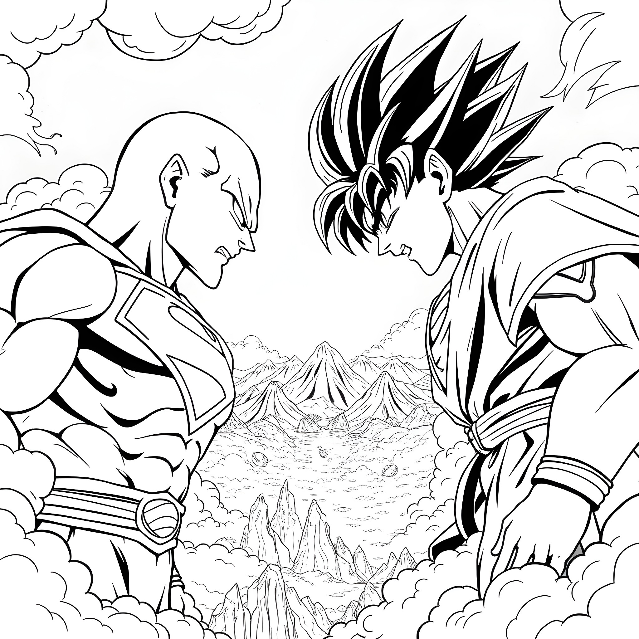 Superman vs. Powerful Warrior in Epic Clash Coloring Page (free black-and-white line drawing printable PDF for all, from beginners to advanced learners, including children, teens, adults, and seniors)