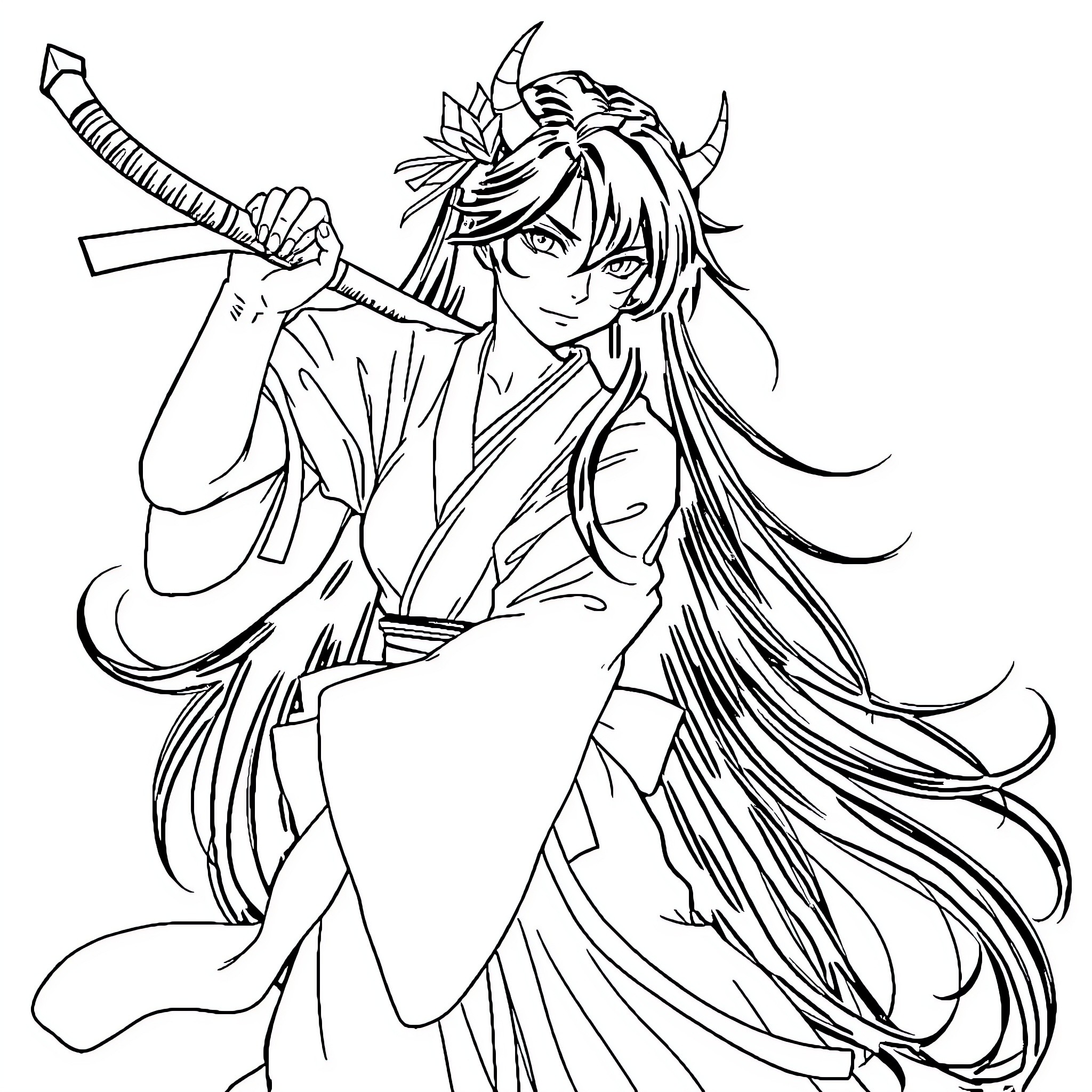 Nezuko wielding a sword with fierce determination Coloring Page (free black-and-white line drawing printable PDF for all, from beginners to advanced learners, including children, teens, adults, and seniors)