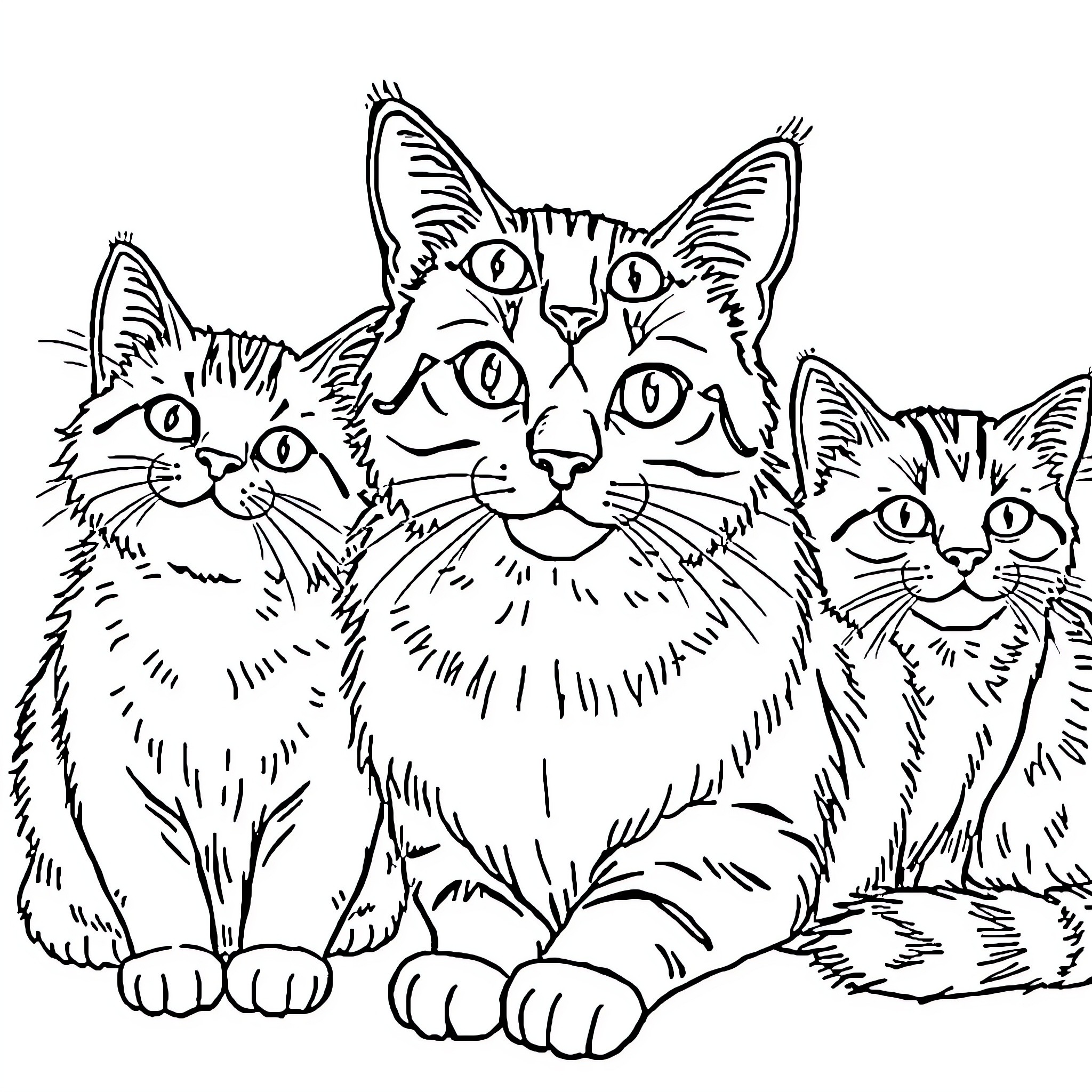 Cat Trio in Playful Poses Coloring Page (free black-and-white line drawing printable PDF for all, from beginners to advanced learners, including children, teens, adults, and seniors)