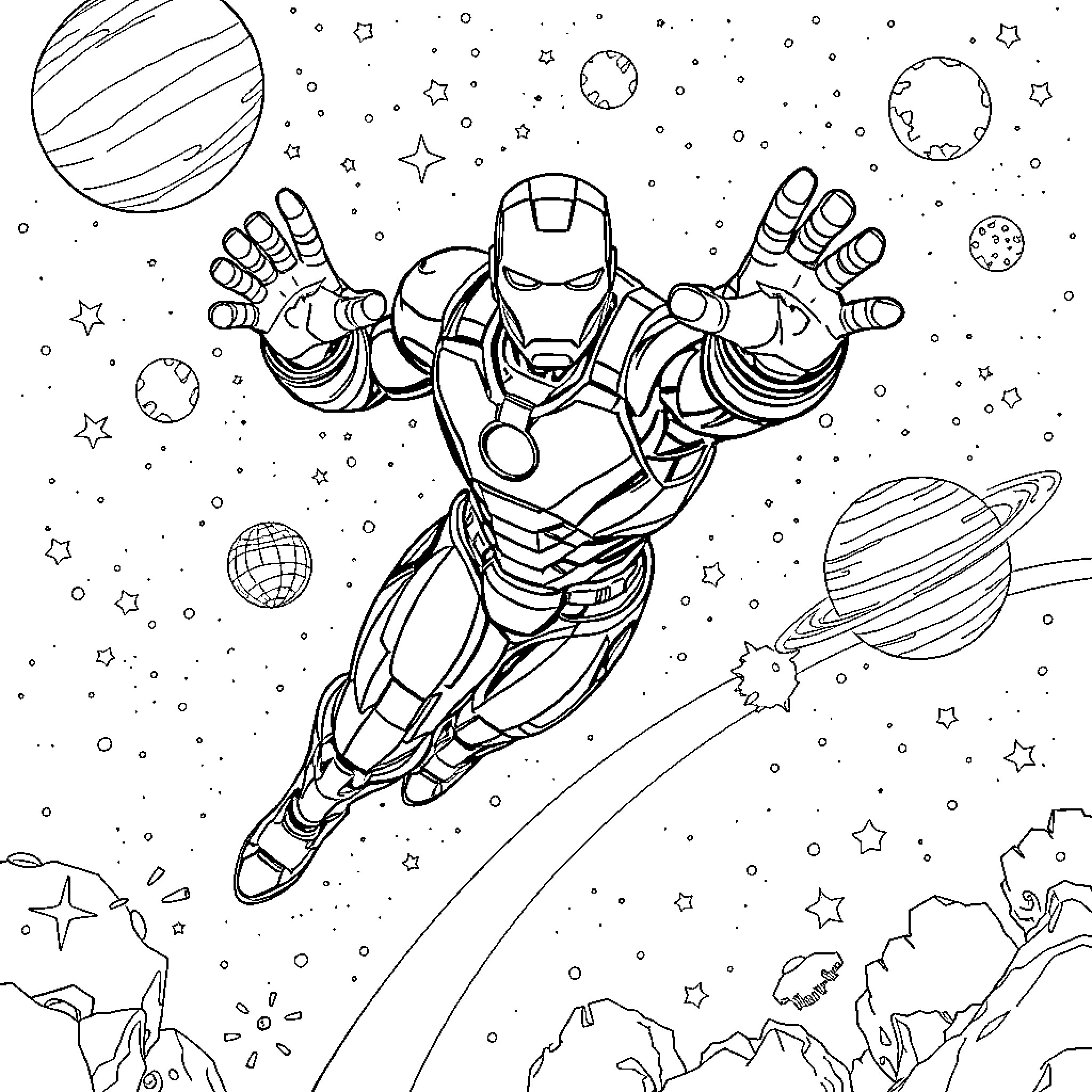 Ironman soaring through the cosmic galaxy Coloring Page (free black-and-white line drawing printable PDF for all, from beginners to advanced learners, including children, teens, adults, and seniors)