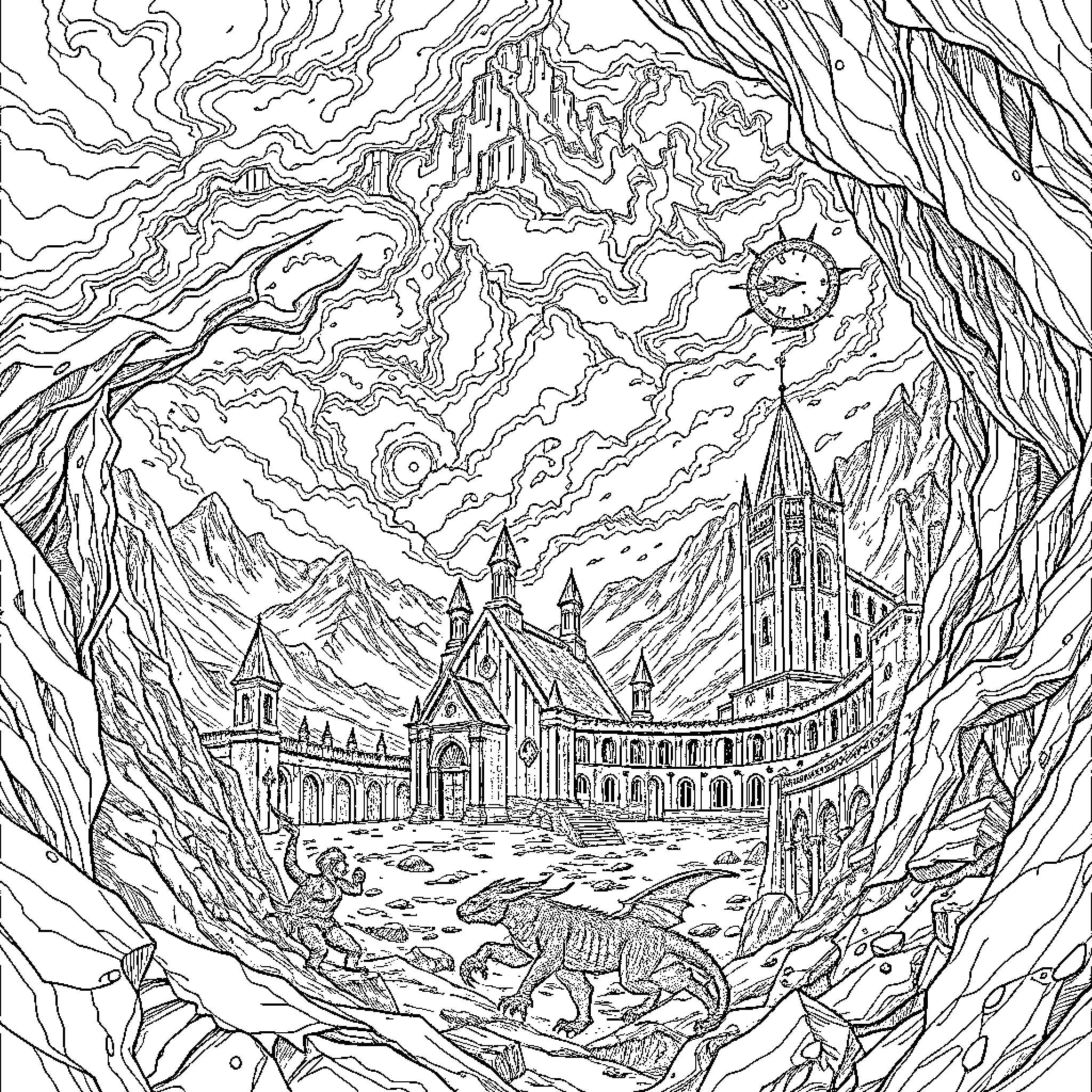 Elden Ring: Fantastical Castle in Mystical Landscape Coloring Page (free black-and-white line drawing printable PDF for all, from beginners to advanced learners, including children, teens, adults, and seniors)