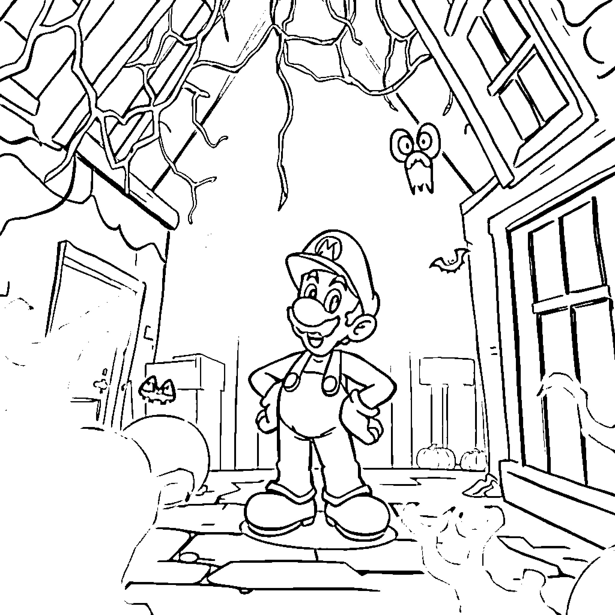 Luigi's Spooky Adventure in the Haunted House Coloring Page (free black-and-white line drawing printable PDF for all, from beginners to advanced learners, including children, teens, adults, and seniors)