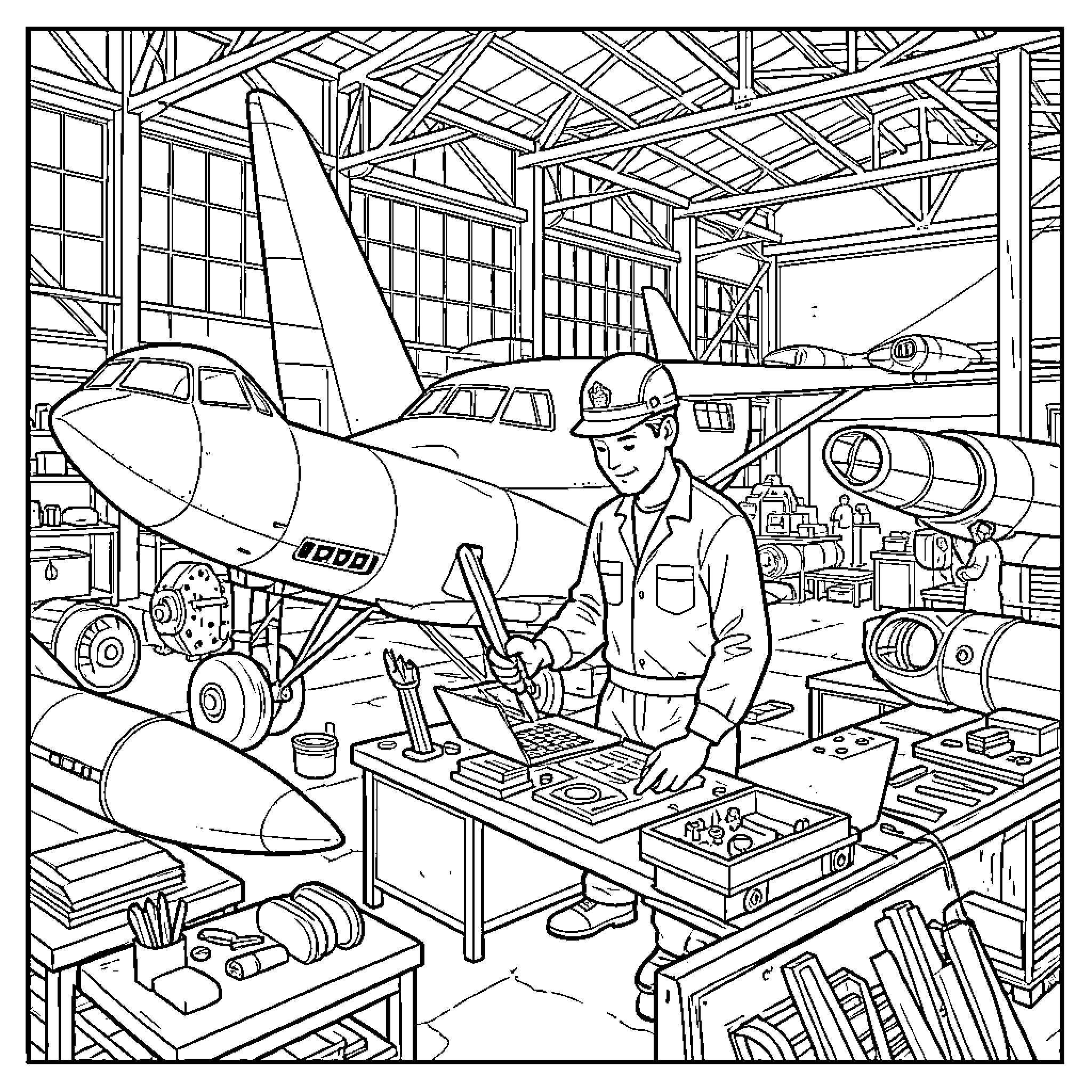 Aircraft engineer working diligently in the hangar Coloring Page (free black-and-white line drawing printable PDF for all, from beginners to advanced learners, including children, teens, adults, and seniors)