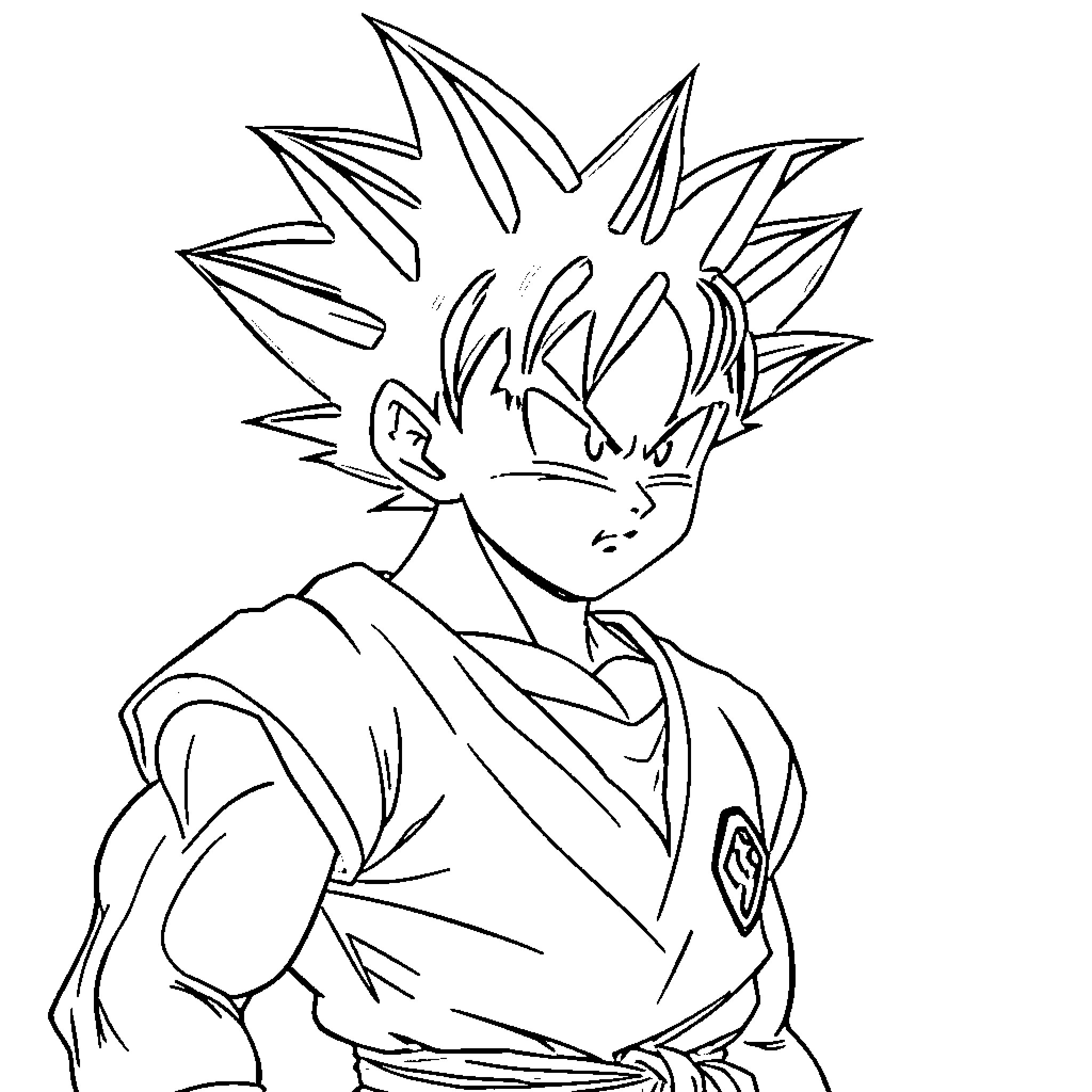 Son Goku in fierce fighting stance Coloring Page (free black-and-white line drawing printable PDF for all, from beginners to advanced learners, including children, teens, adults, and seniors)