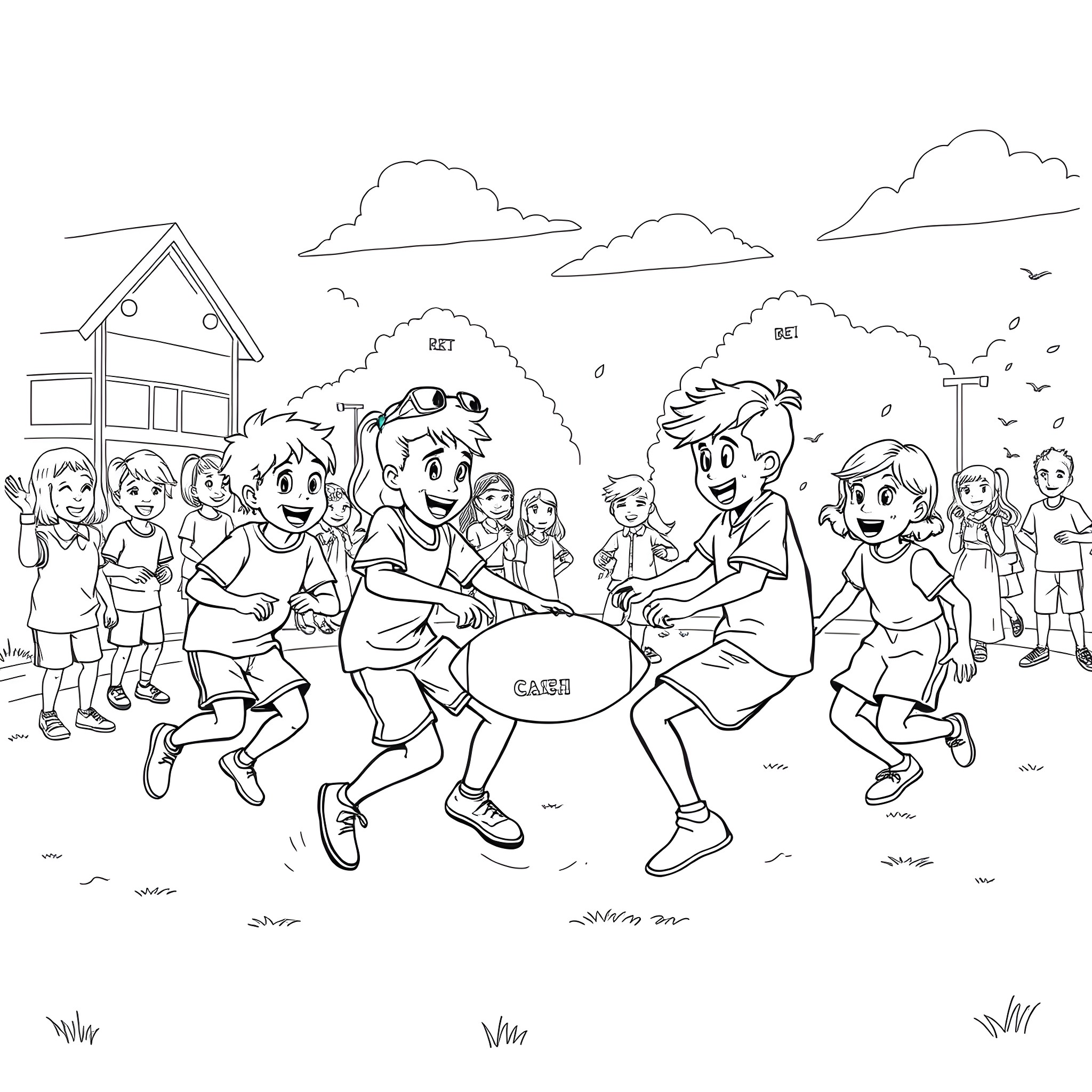 Child playing joyfully with friends in outdoor scene Coloring Page (free black-and-white line drawing printable PDF for all, from beginners to advanced learners, including children, teens, adults, and seniors)