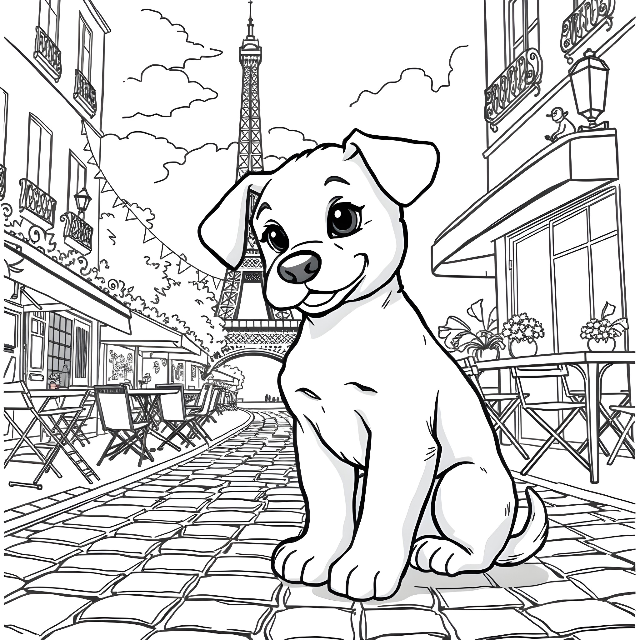 Bluey's Parisian Adventure Coloring Page (free black-and-white line drawing printable PDF for all, from beginners to advanced learners, including children, teens, adults, and seniors)