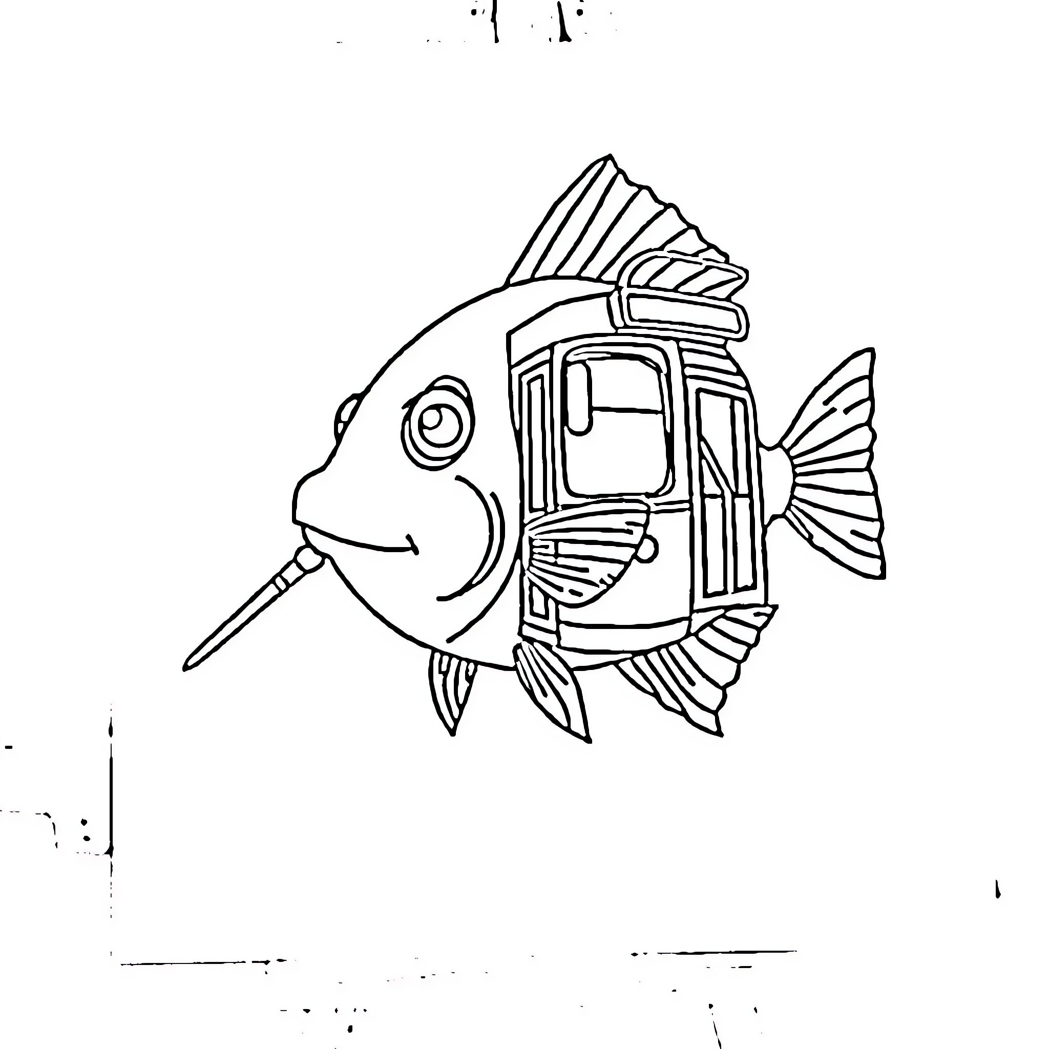 Fish with robotic components Coloring Page (free black-and-white line drawing printable PDF for all, from beginners to advanced learners, including children, teens, adults, and seniors)