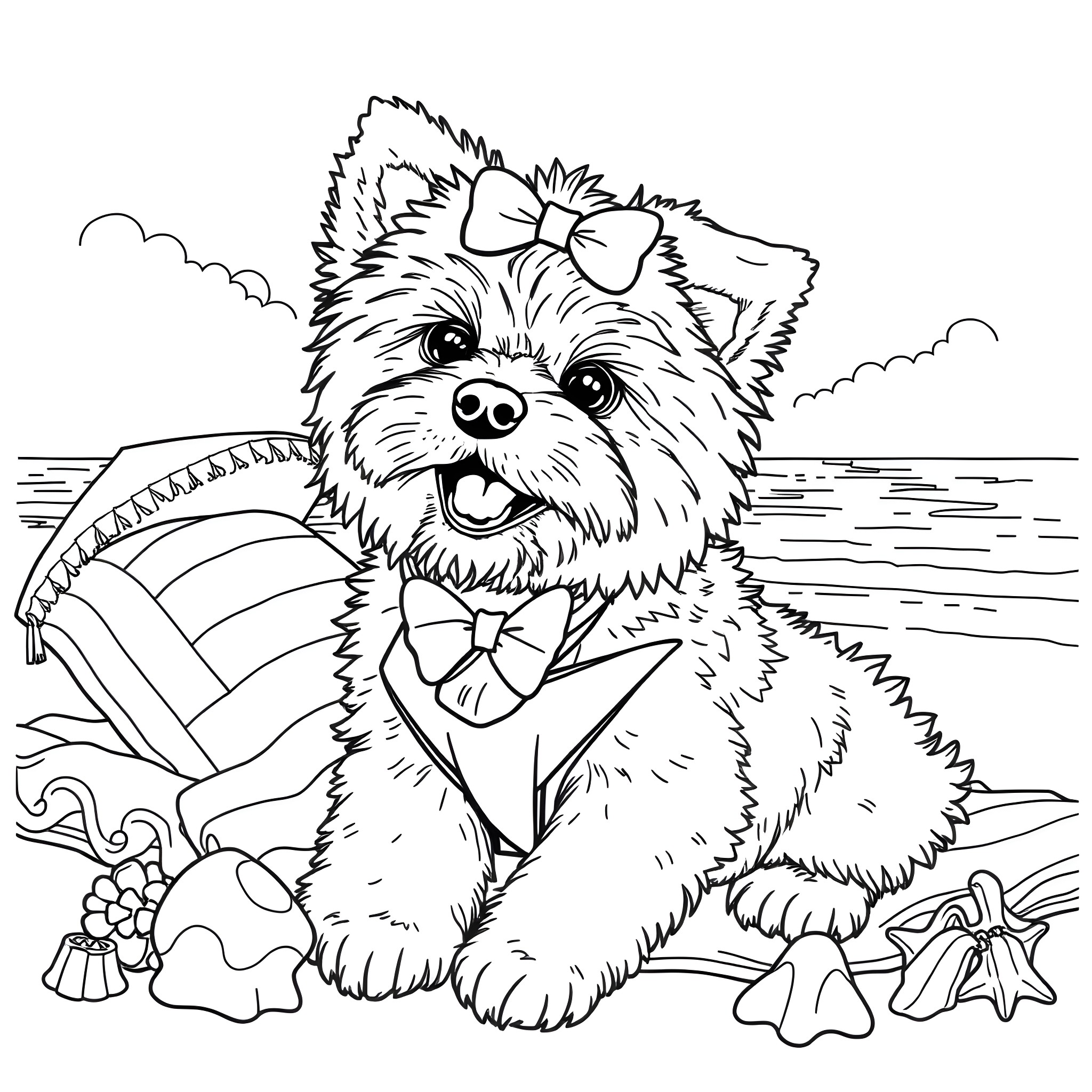 Dog relaxing at the beach with toys Coloring Page (free black-and-white line drawing printable PDF for all, from beginners to advanced learners, including children, teens, adults, and seniors)