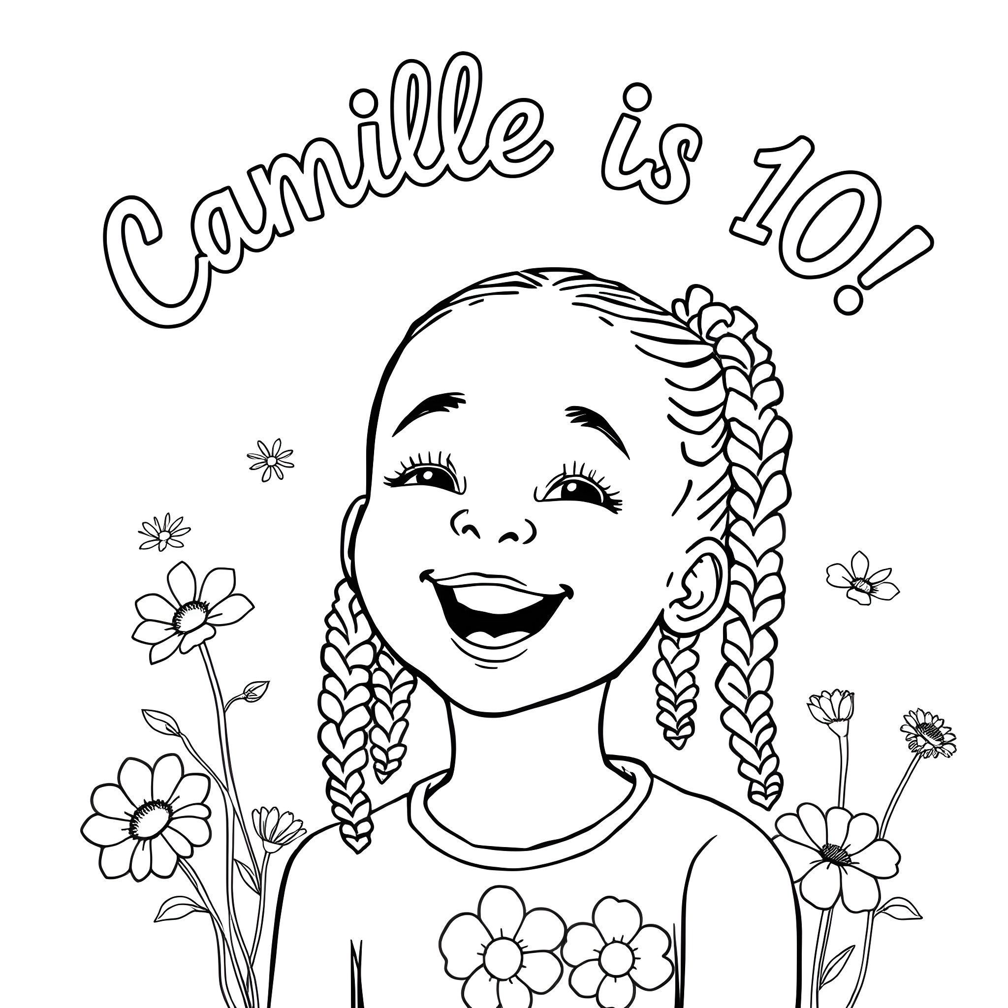 Girl celebrates her 10th birthday Coloring Page (free black-and-white line drawing printable PDF for all, from beginners to advanced learners, including children, teens, adults, and seniors)