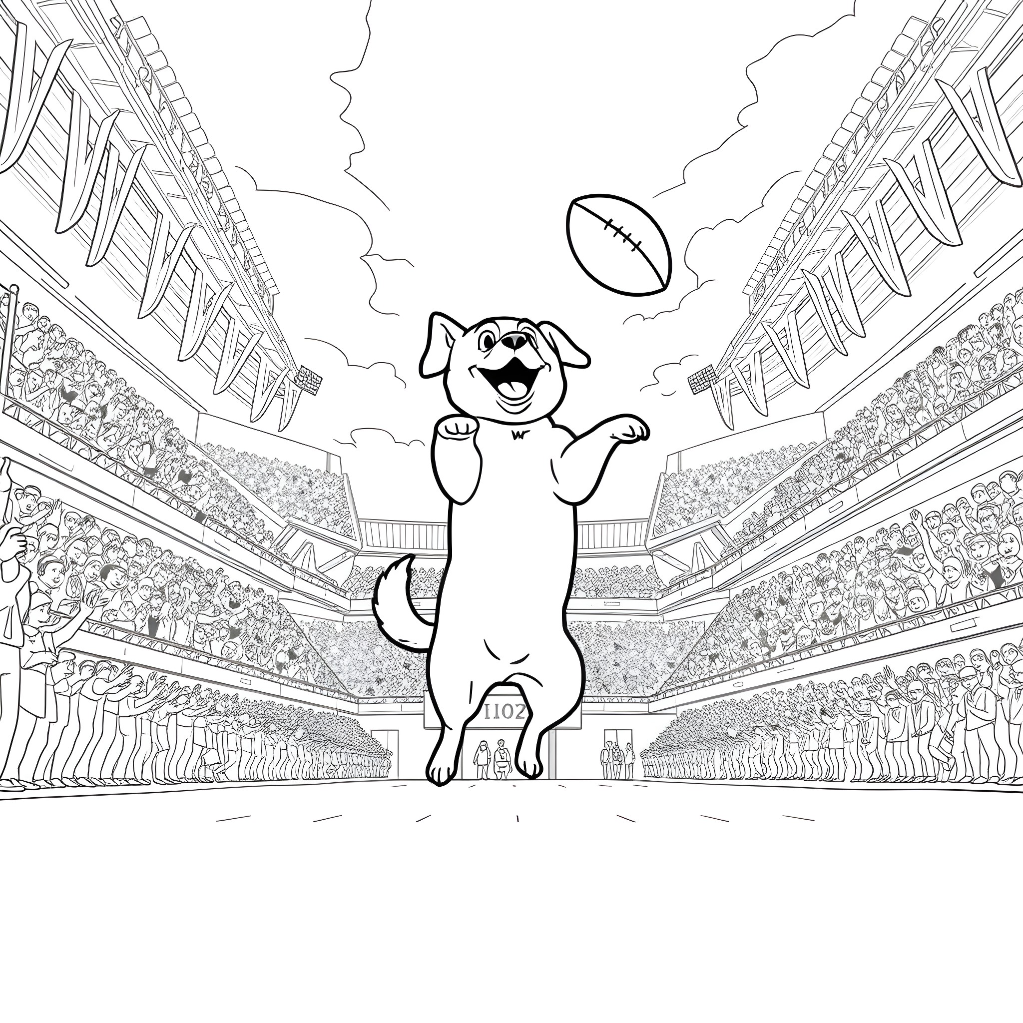 Dog happily playing with football in sports stadium Coloring Page (free black-and-white line drawing printable PDF for all, from beginners to advanced learners, including children, teens, adults, and seniors)