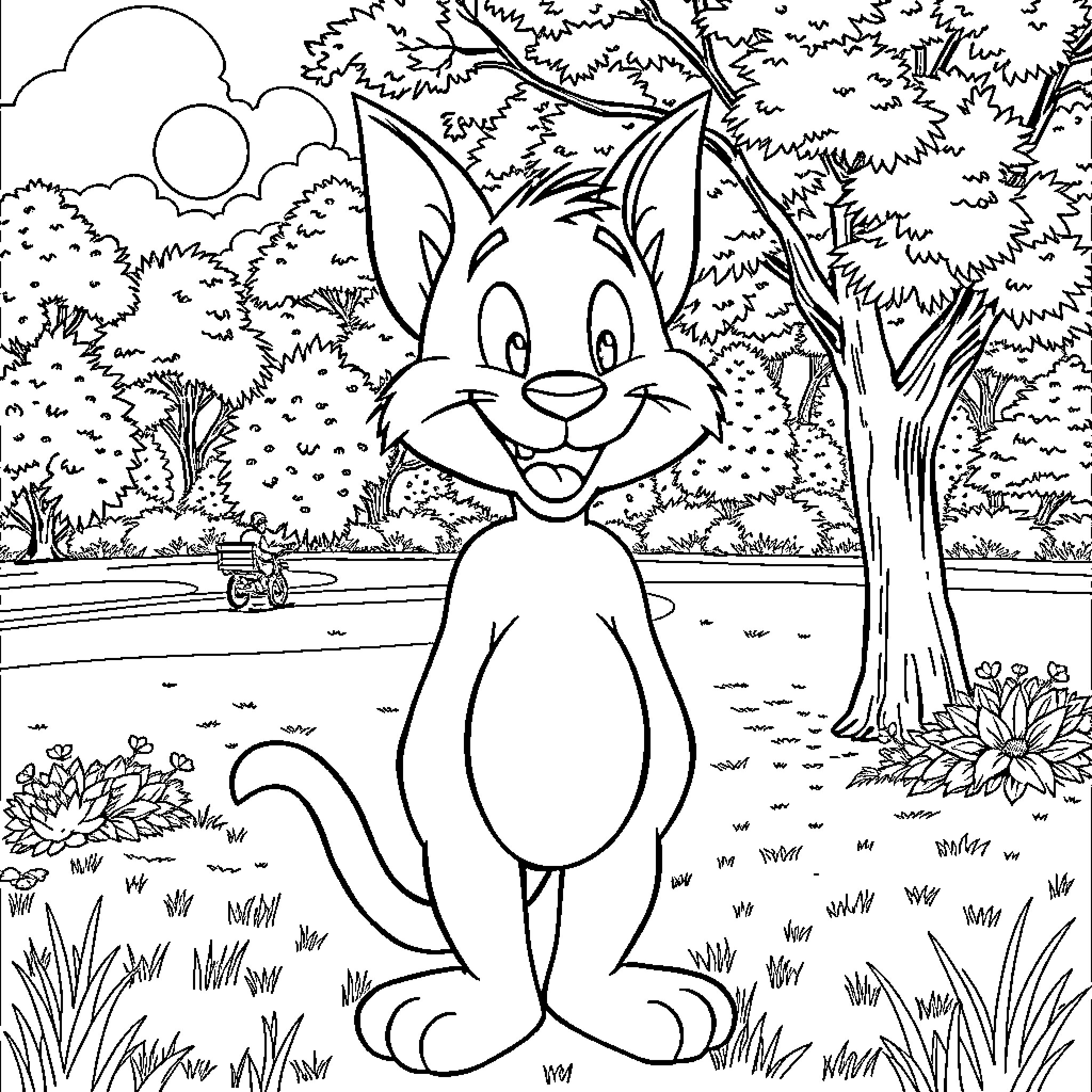 Tom's Joyful Adventure in the Enchanting Forest Coloring Page (free black-and-white line drawing printable PDF for all, from beginners to advanced learners, including children, teens, adults, and seniors)