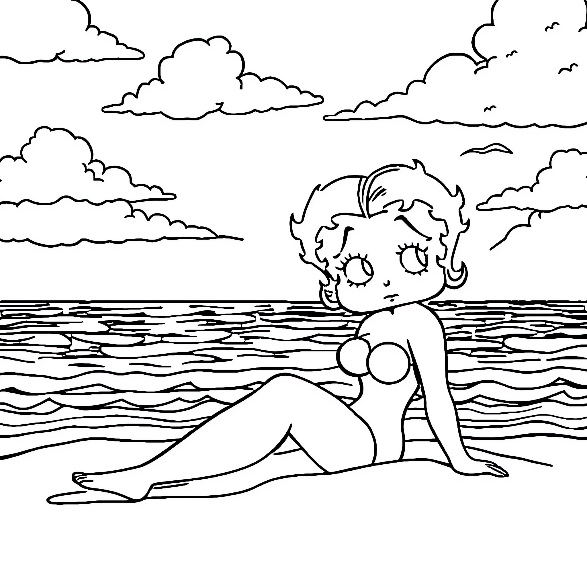 Betty Boop relaxing by the serene ocean Coloring Page (free black-and-white line drawing printable PDF for all, from beginners to advanced learners, including children, teens, adults, and seniors)