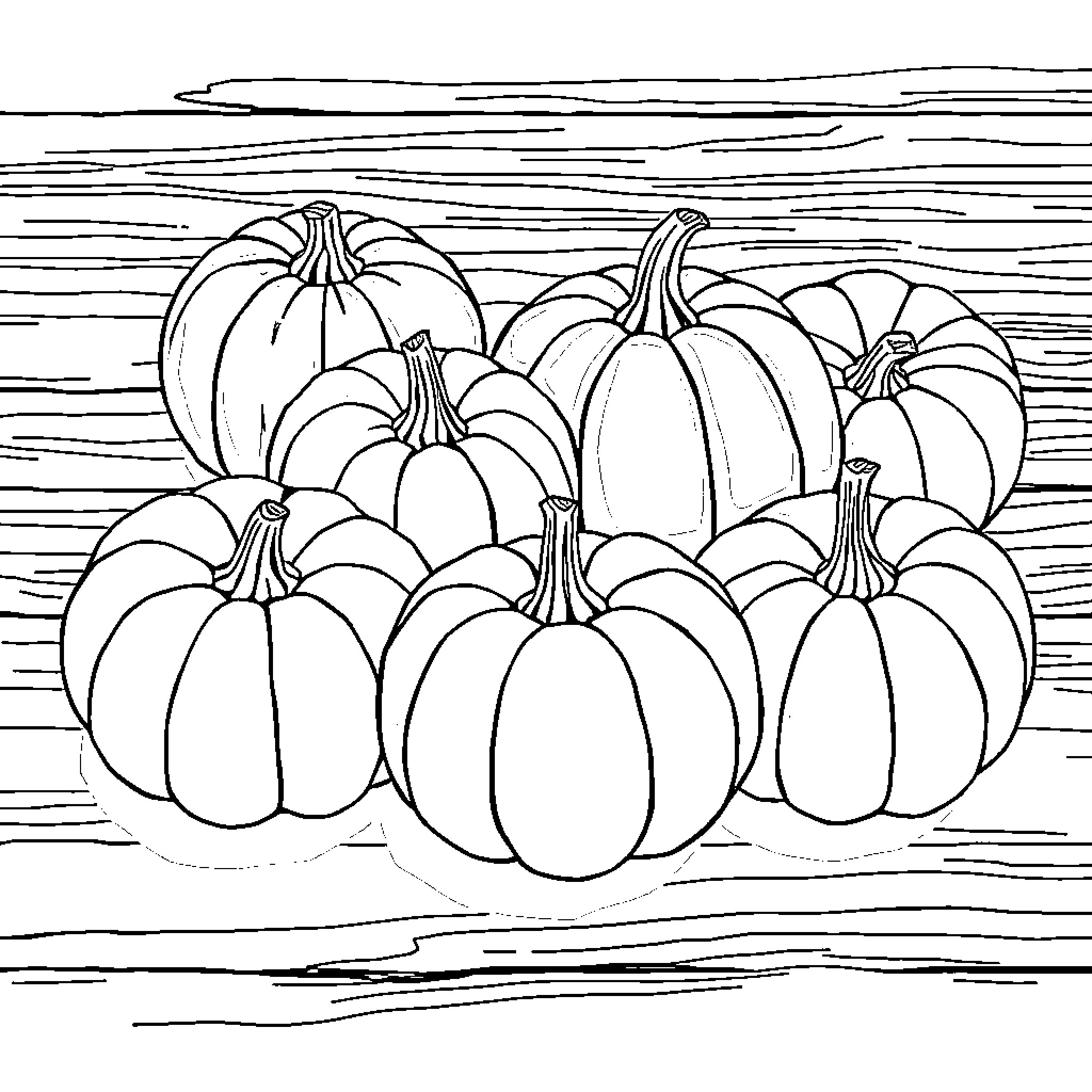 Pumpkins gathered on a rustic wooden surface Coloring Page (free black-and-white line drawing printable PDF for all, from beginners to advanced learners, including children, teens, adults, and seniors)
