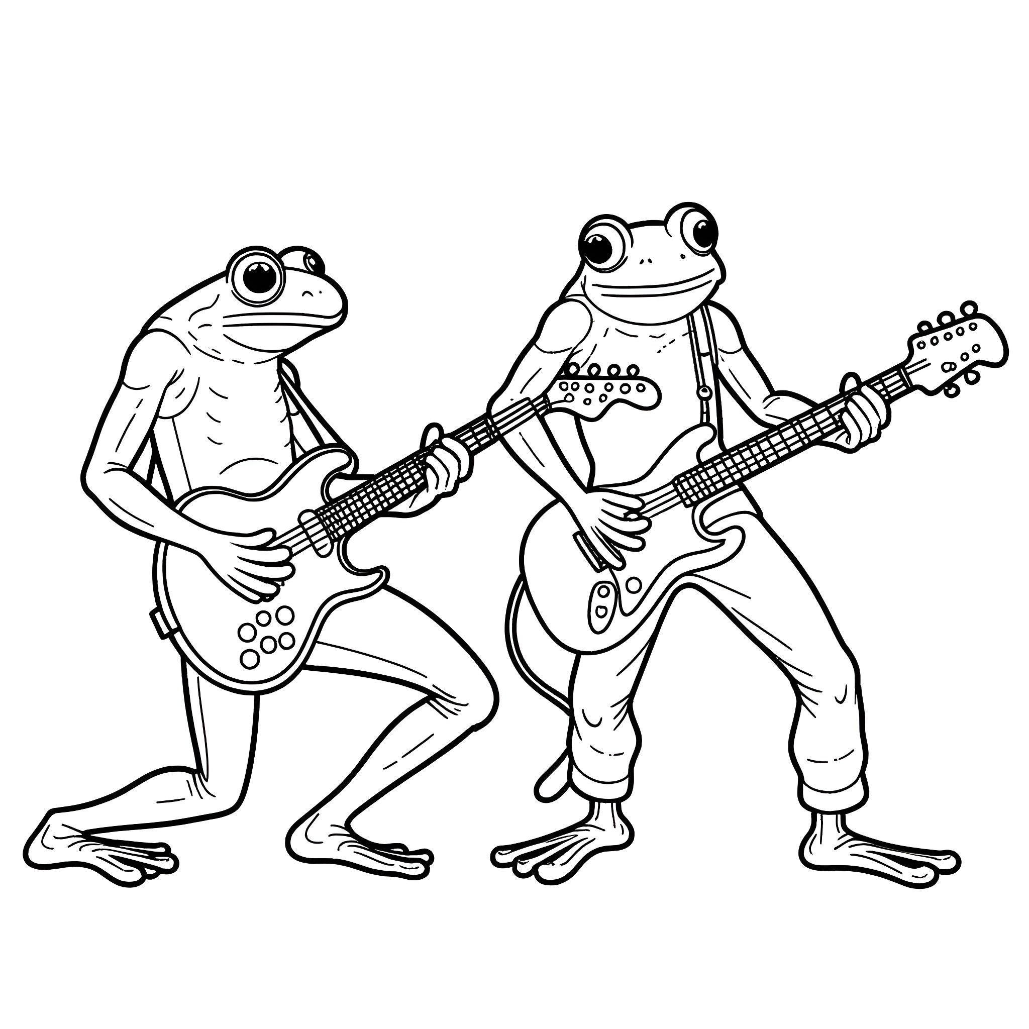 Frogs playing electric guitars enthusiastically Coloring Page (free black-and-white line drawing printable PDF for all, from beginners to advanced learners, including children, teens, adults, and seniors)