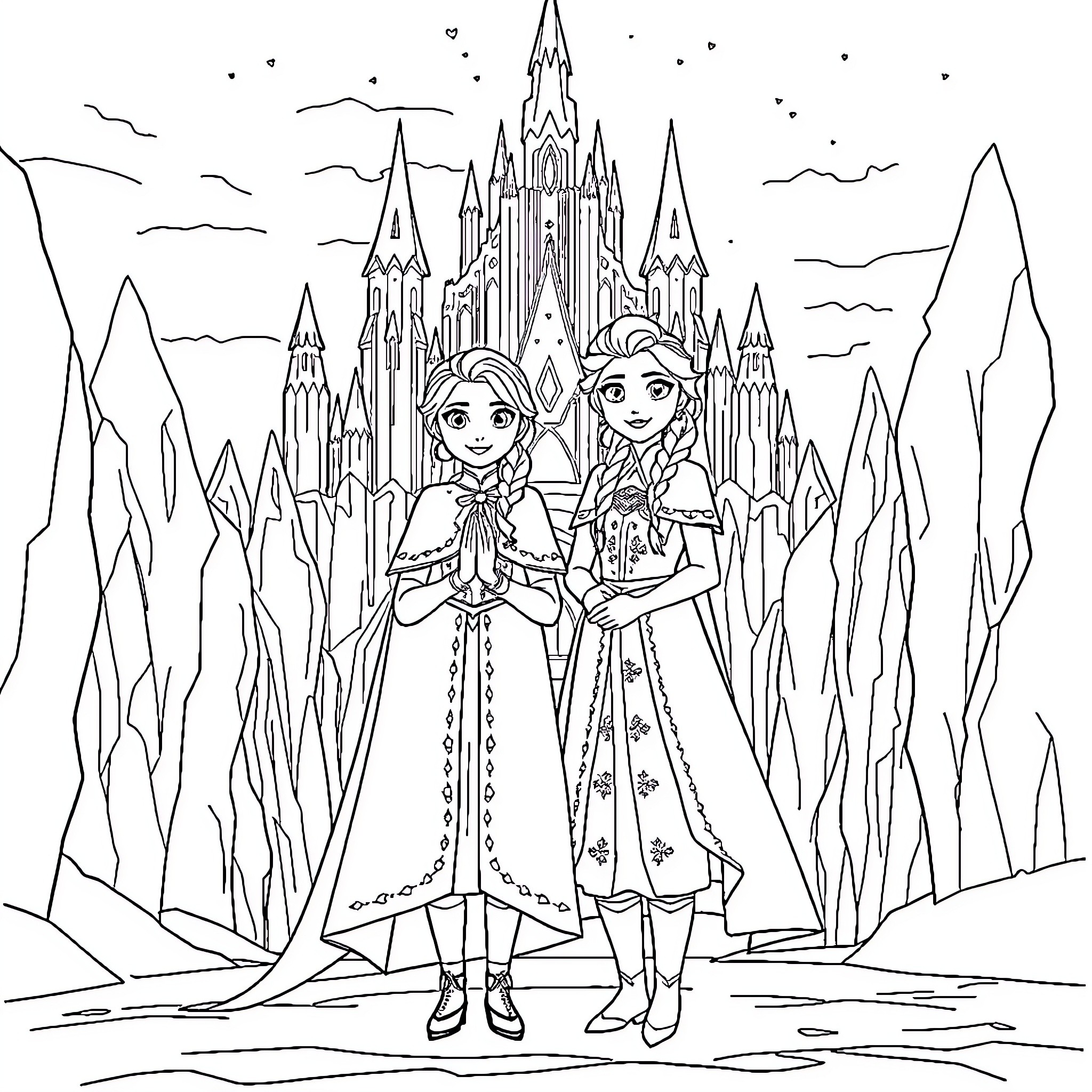 Anna and Elsa in a Magical Winter Wonderland Coloring Page (free black-and-white line drawing printable PDF for all, from beginners to advanced learners, including children, teens, adults, and seniors)