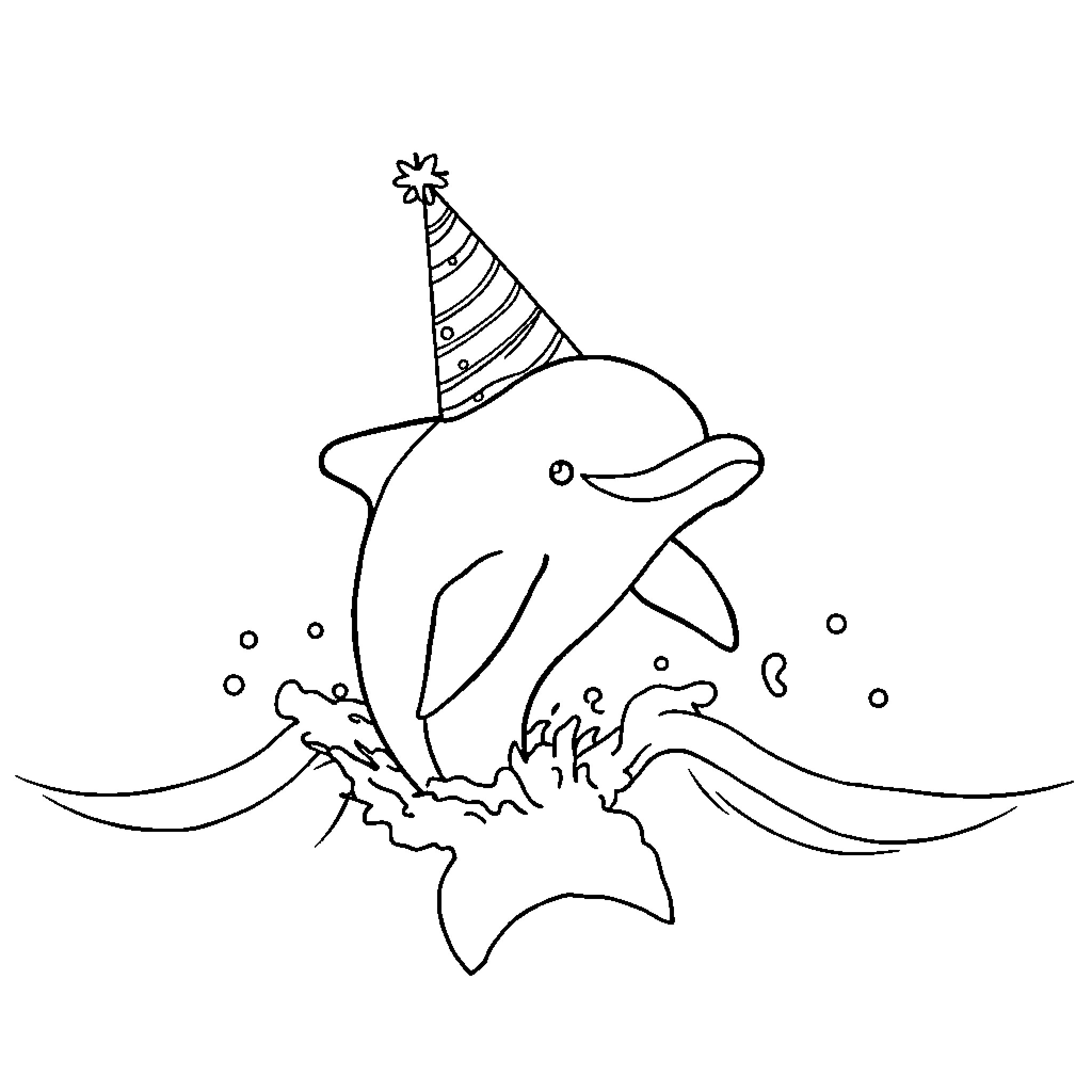 Dolphin celebrating with party hat Coloring Page (free black-and-white line drawing printable PDF for all, from beginners to advanced learners, including children, teens, adults, and seniors)