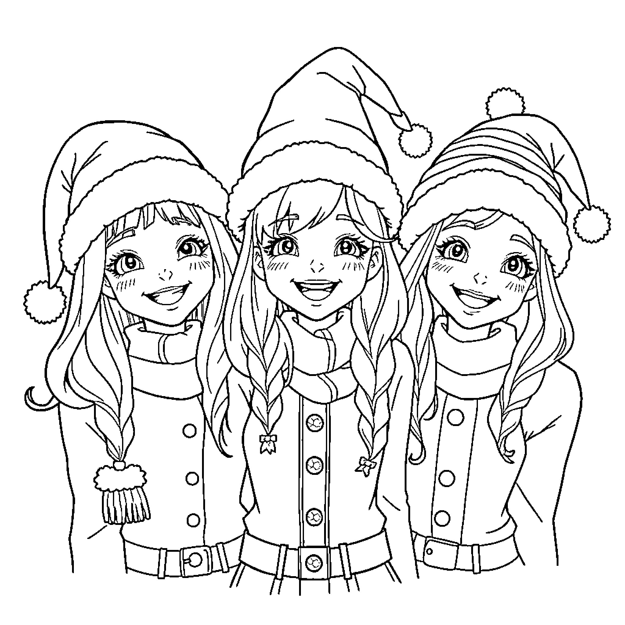 Girls wearing whimsical winter outfits and accessories Coloring Page (free black-and-white line drawing printable PDF for all, from beginners to advanced learners, including children, teens, adults, and seniors)