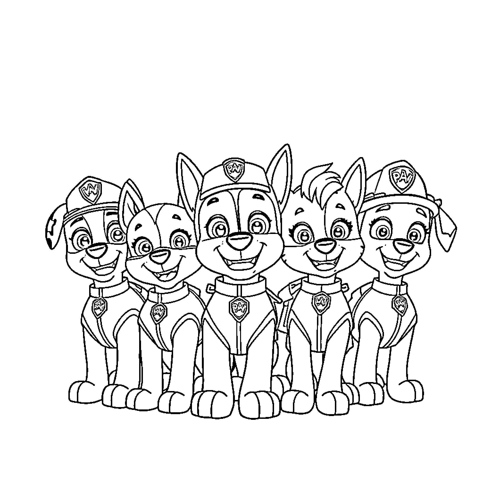 Paw Patrol characters in uniform posing together Coloring Page (free black-and-white line drawing printable PDF for all, from beginners to advanced learners, including children, teens, adults, and seniors)