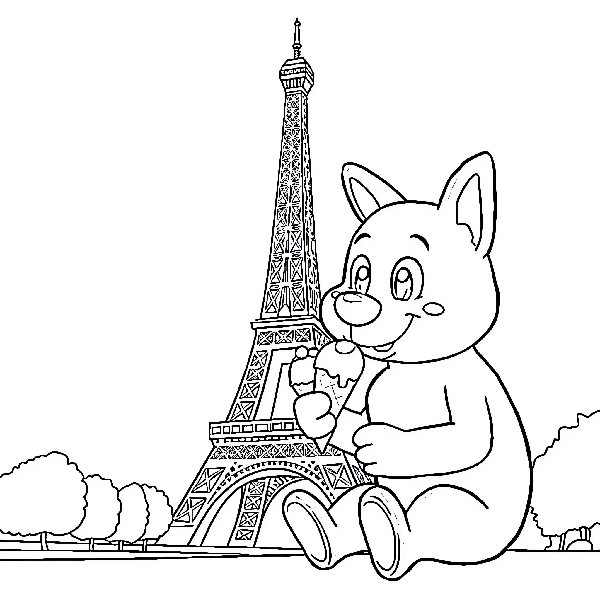Bluey enjoying the view of Eiffel Tower Coloring Page (free black-and-white line drawing printable PDF for all, from beginners to advanced learners, including children, teens, adults, and seniors)