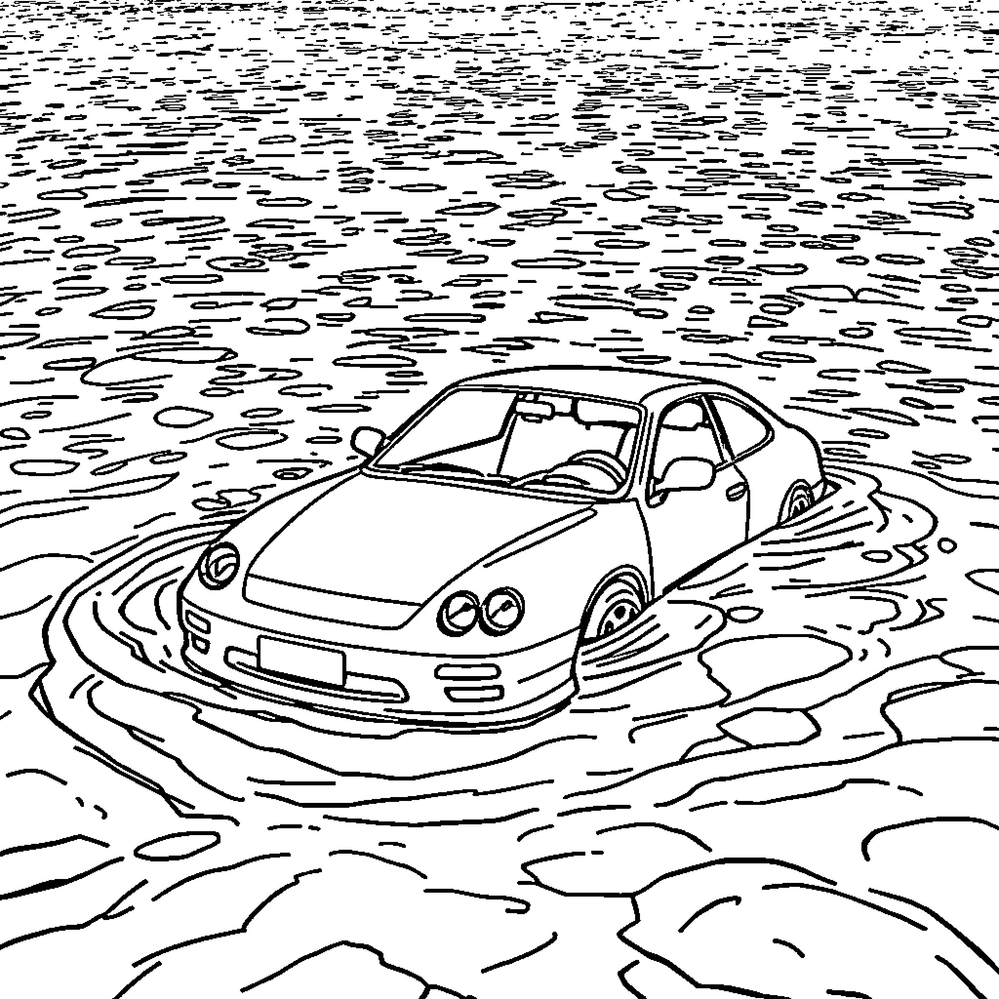 Car driving through flooded road Coloring Page (free black-and-white line drawing printable PDF for all, from beginners to advanced learners, including children, teens, adults, and seniors)