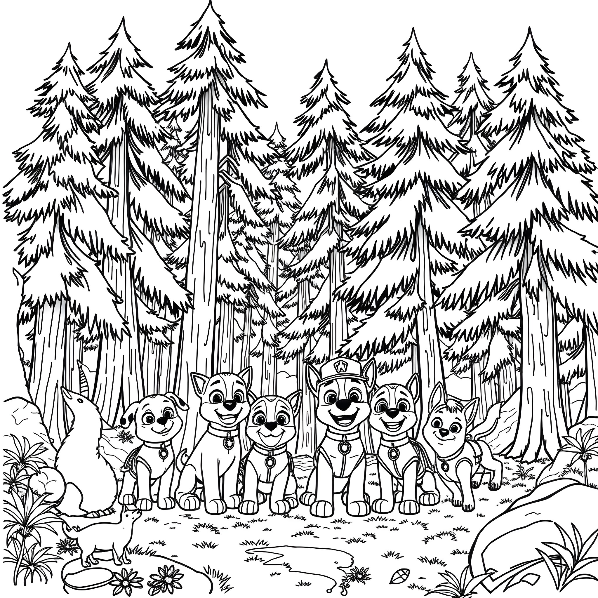 Paw Patrol characters exploring the snowy forest Coloring Page (free black-and-white line drawing printable PDF for all, from beginners to advanced learners, including children, teens, adults, and seniors)
