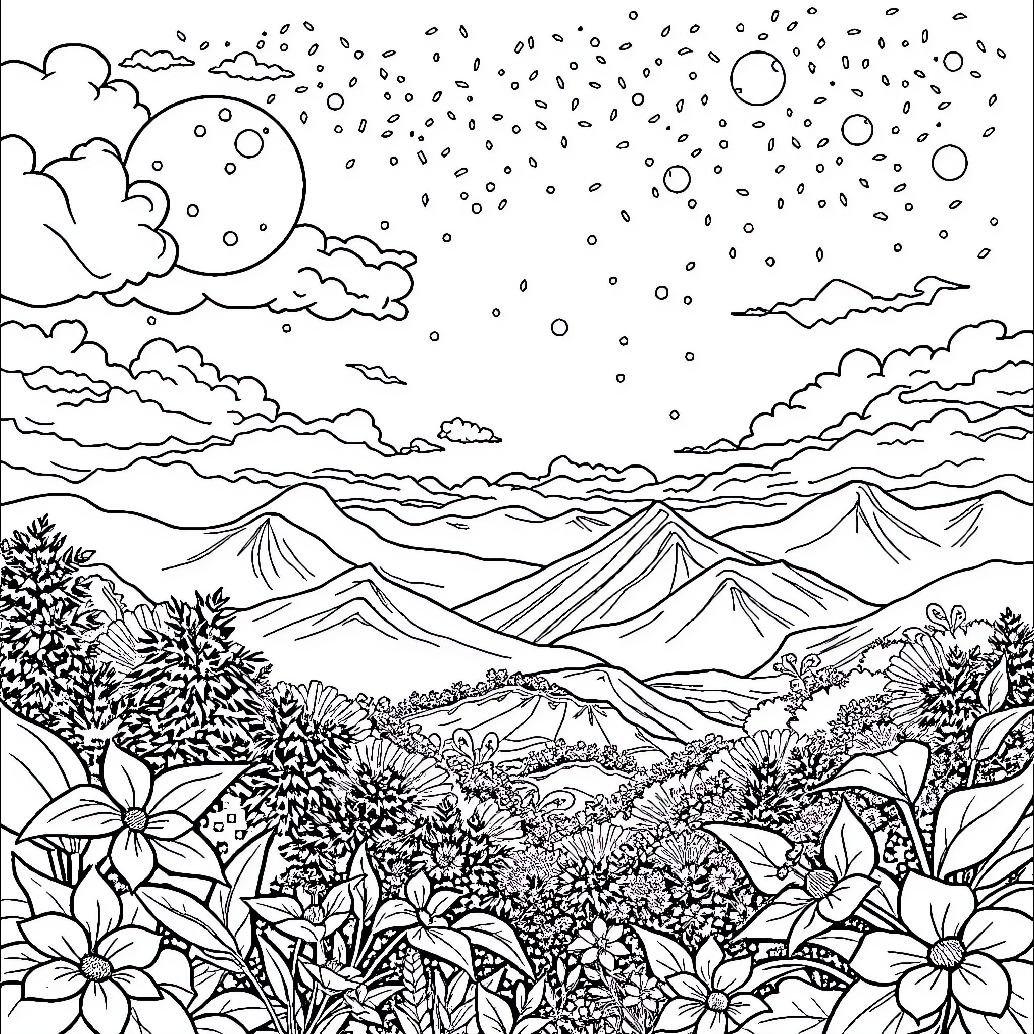 Tree Landscape in a Starry Night Coloring Page (free black-and-white line drawing printable PDF for all, from beginners to advanced learners, including children, teens, adults, and seniors)