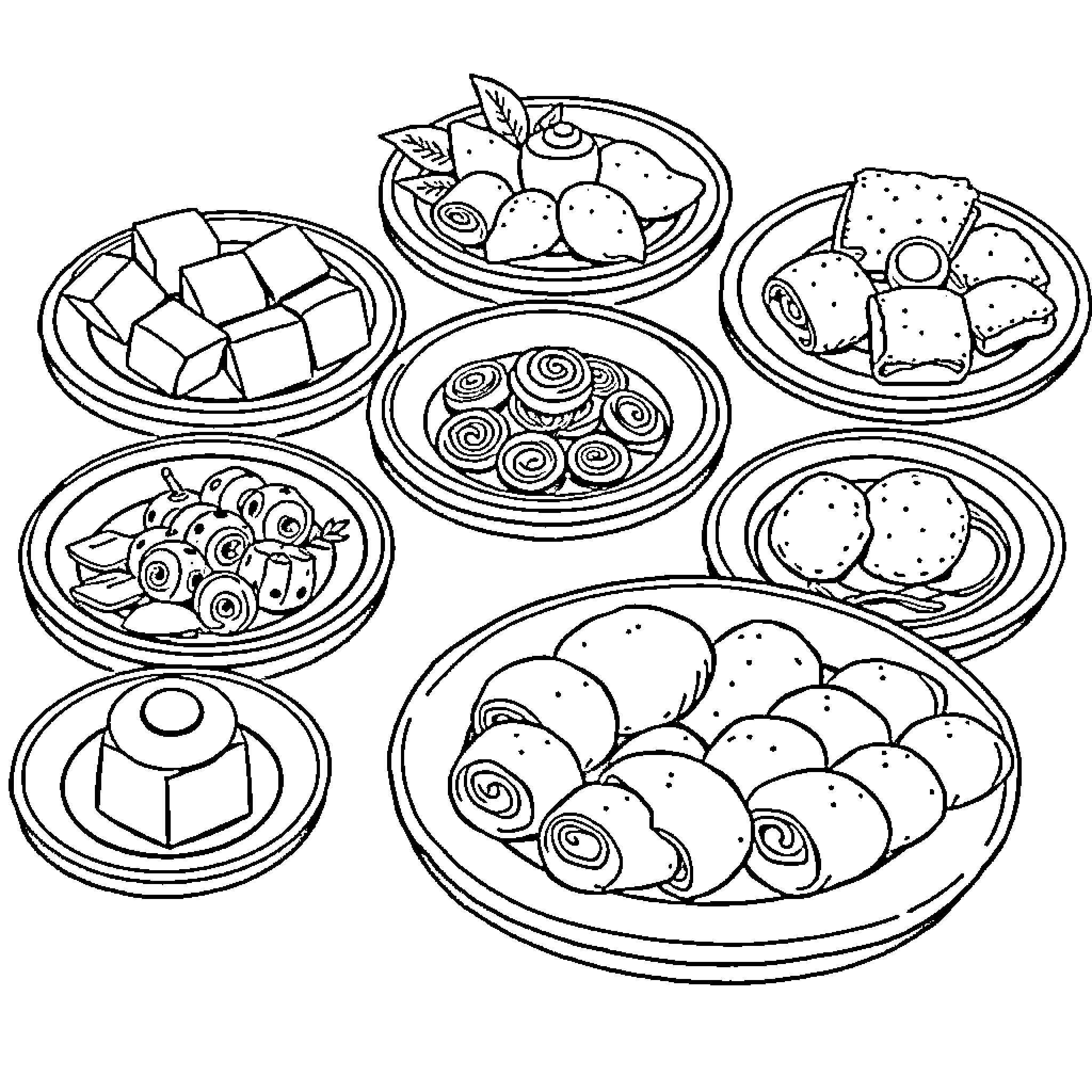 Kerala Snacks on Display Coloring Page (free black-and-white line drawing printable PDF for all, from beginners to advanced learners, including children, teens, adults, and seniors)