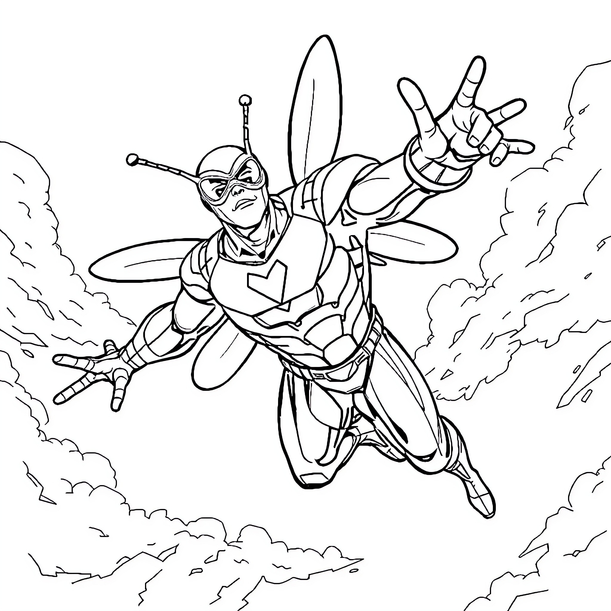Beetle warrior soaring through the sky Coloring Page (free black-and-white line drawing printable PDF for all, from beginners to advanced learners, including children, teens, adults, and seniors)