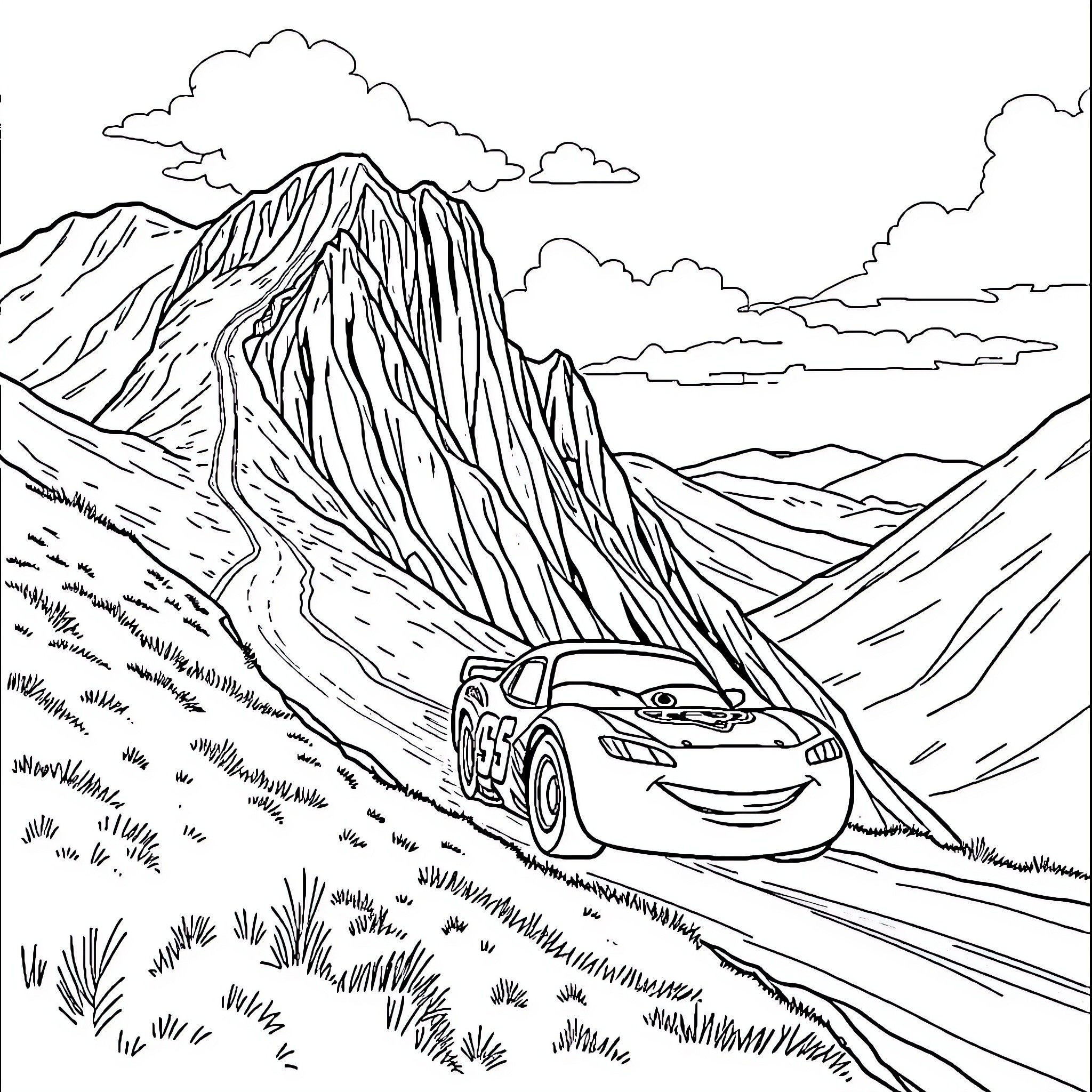 Lightning McQueen racing through a mountainous landscape Coloring Page (free black-and-white line drawing printable PDF for all, from beginners to advanced learners, including children, teens, adults, and seniors)