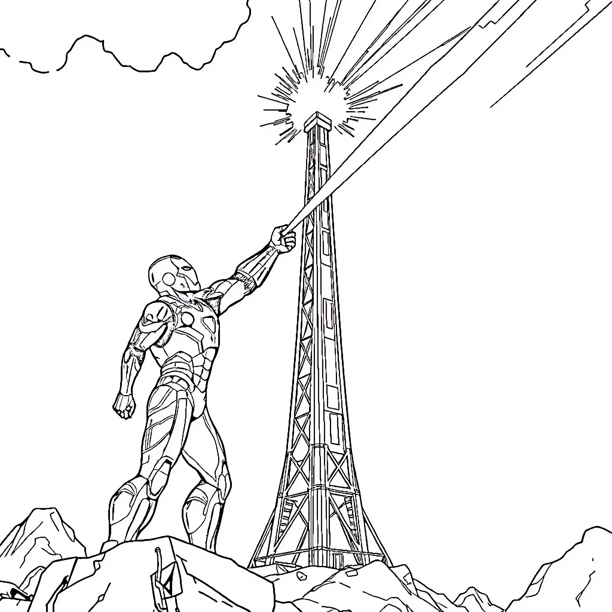 Ironman Firing Repulsor Beam from Energy Tower Coloring Page (free black-and-white line drawing printable PDF for all, from beginners to advanced learners, including children, teens, adults, and seniors)