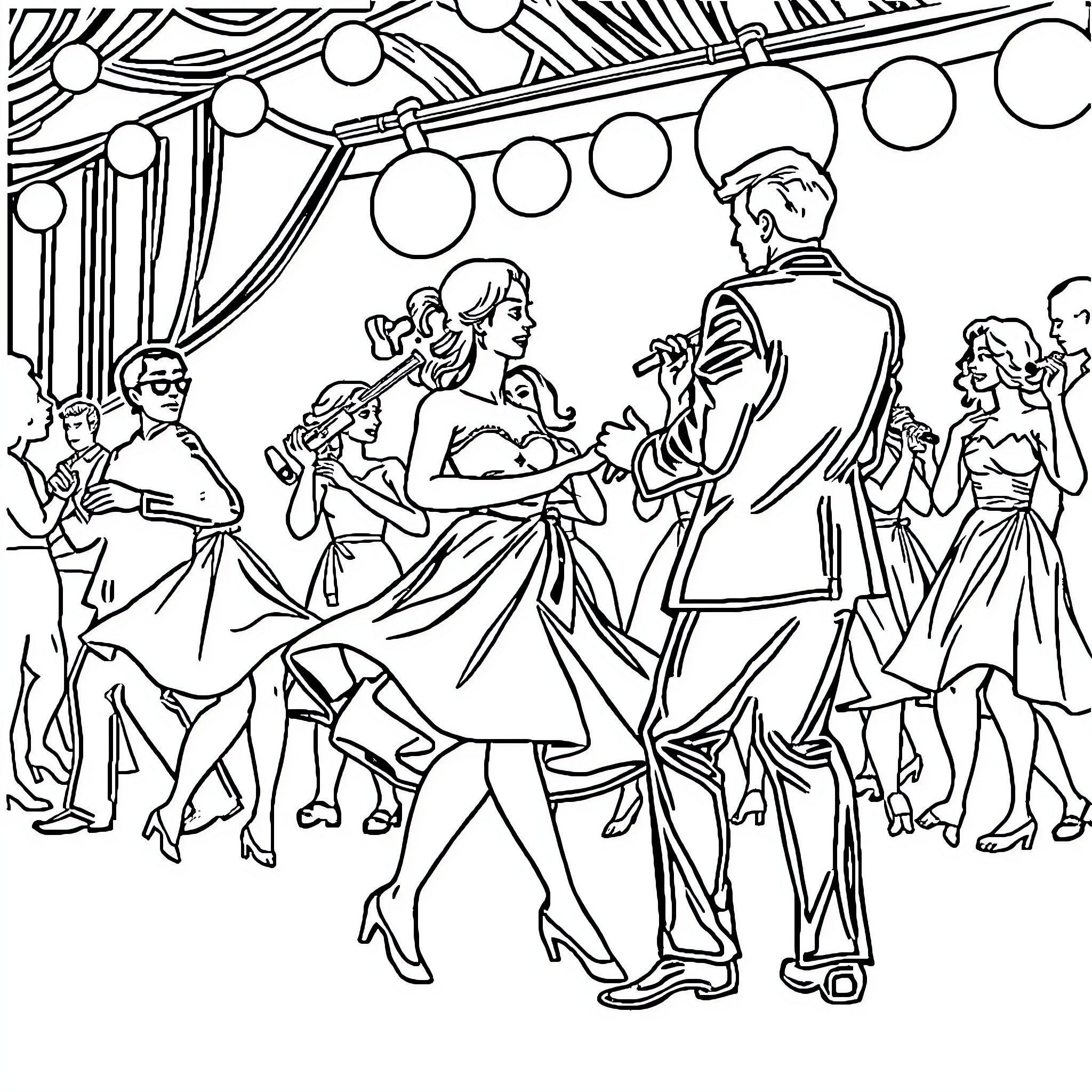 Dance of elegance and grace at a formal event Coloring Page (free black-and-white line drawing printable PDF for all, from beginners to advanced learners, including children, teens, adults, and seniors)