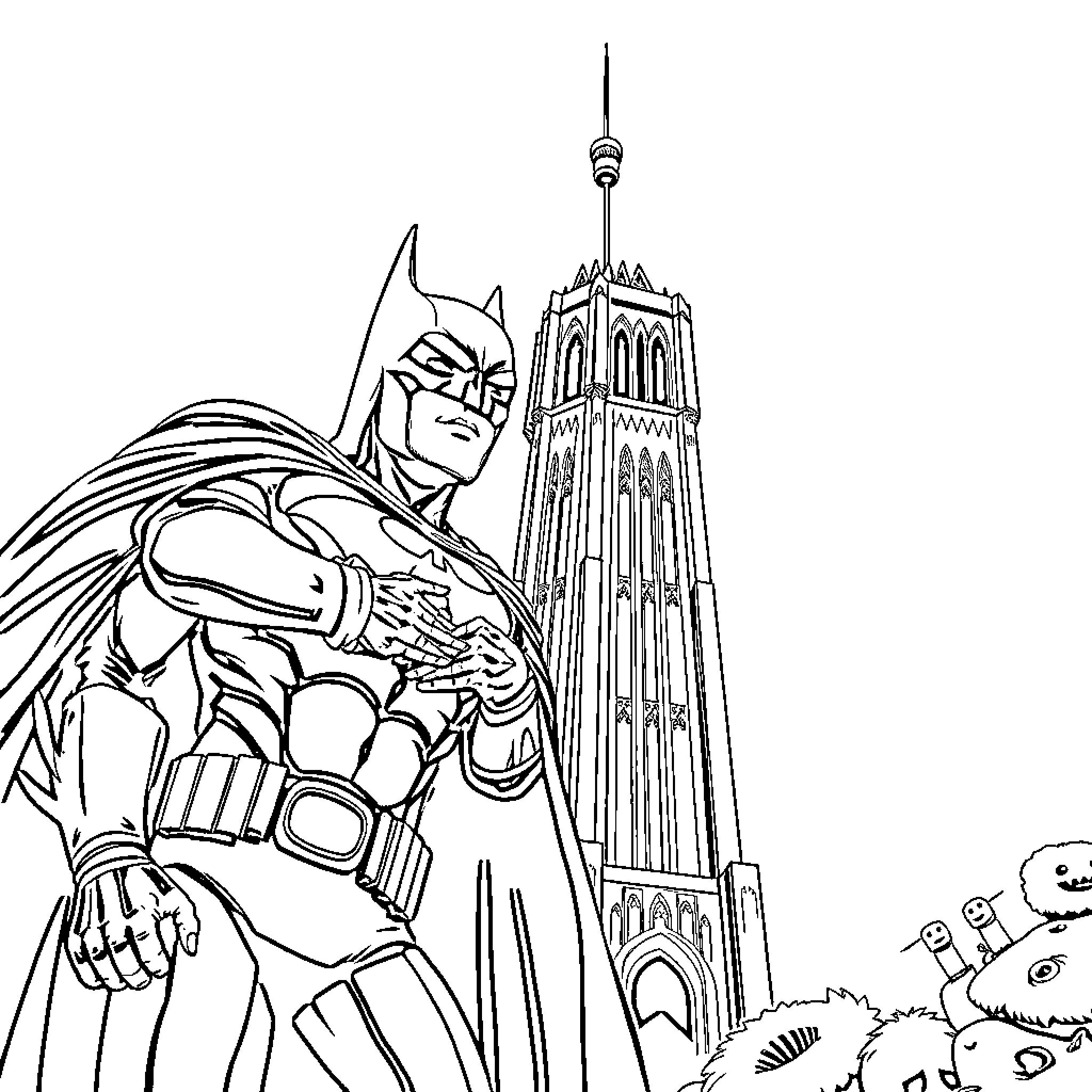 Guku's heroic stance against the towering structure Coloring Page (free black-and-white line drawing printable PDF for all, from beginners to advanced learners, including children, teens, adults, and seniors)