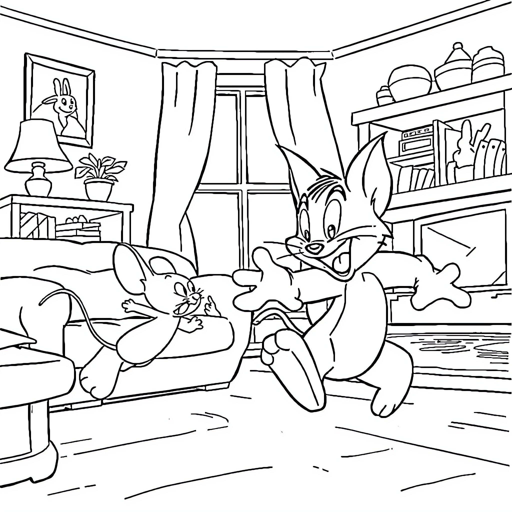 Tom and Jerry's Mischievous Antics in the Living Room Coloring Page (free black-and-white line drawing printable PDF for all, from beginners to advanced learners, including children, teens, adults, and seniors)