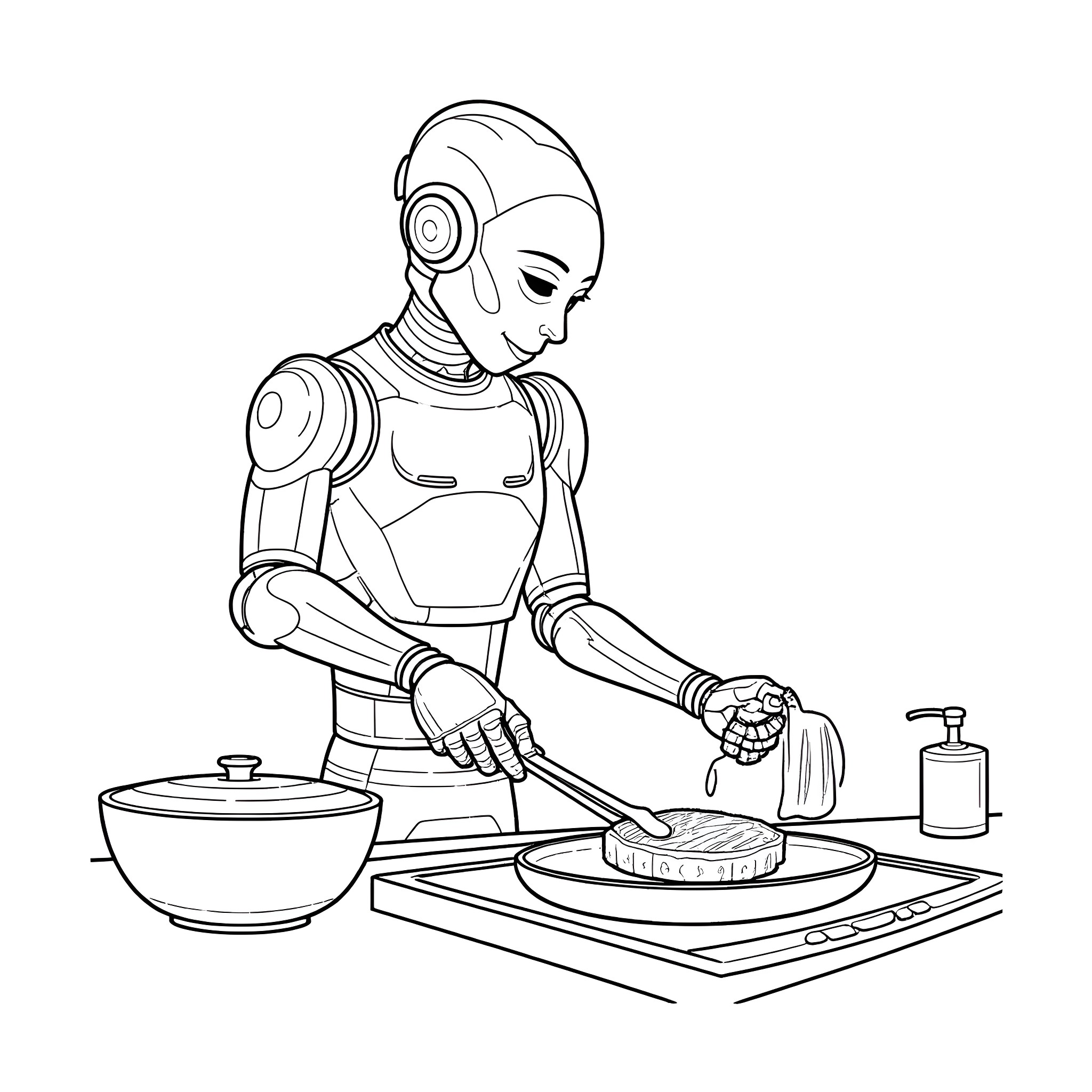 AI Robot cooking a meal in the kitchen Coloring Page (free black-and-white line drawing printable PDF for all, from beginners to advanced learners, including children, teens, adults, and seniors)